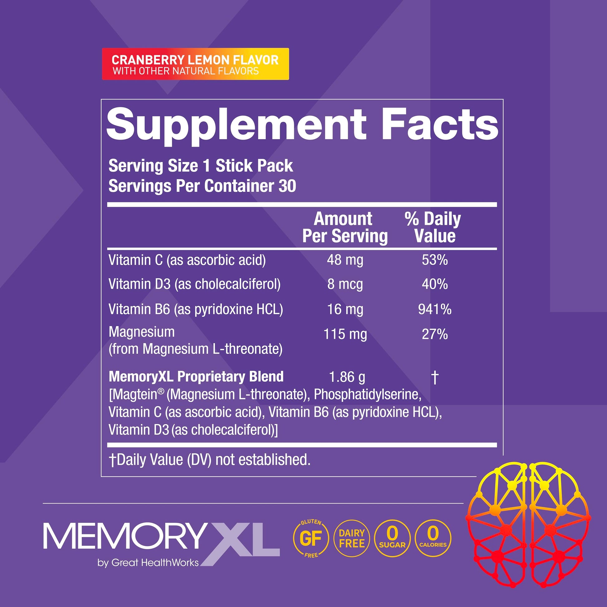 MemoryXL, Magnesium L-Threonate: Brain Supplement for Memory & Focus; Magtein®, Phosphatidylserine, Vitamin Mix. Improves Memory Focus Attention Learning & Logic. 0 Sugar, 0 cal, 30pk Cranberry Lemon OmegaXL uk supplements
