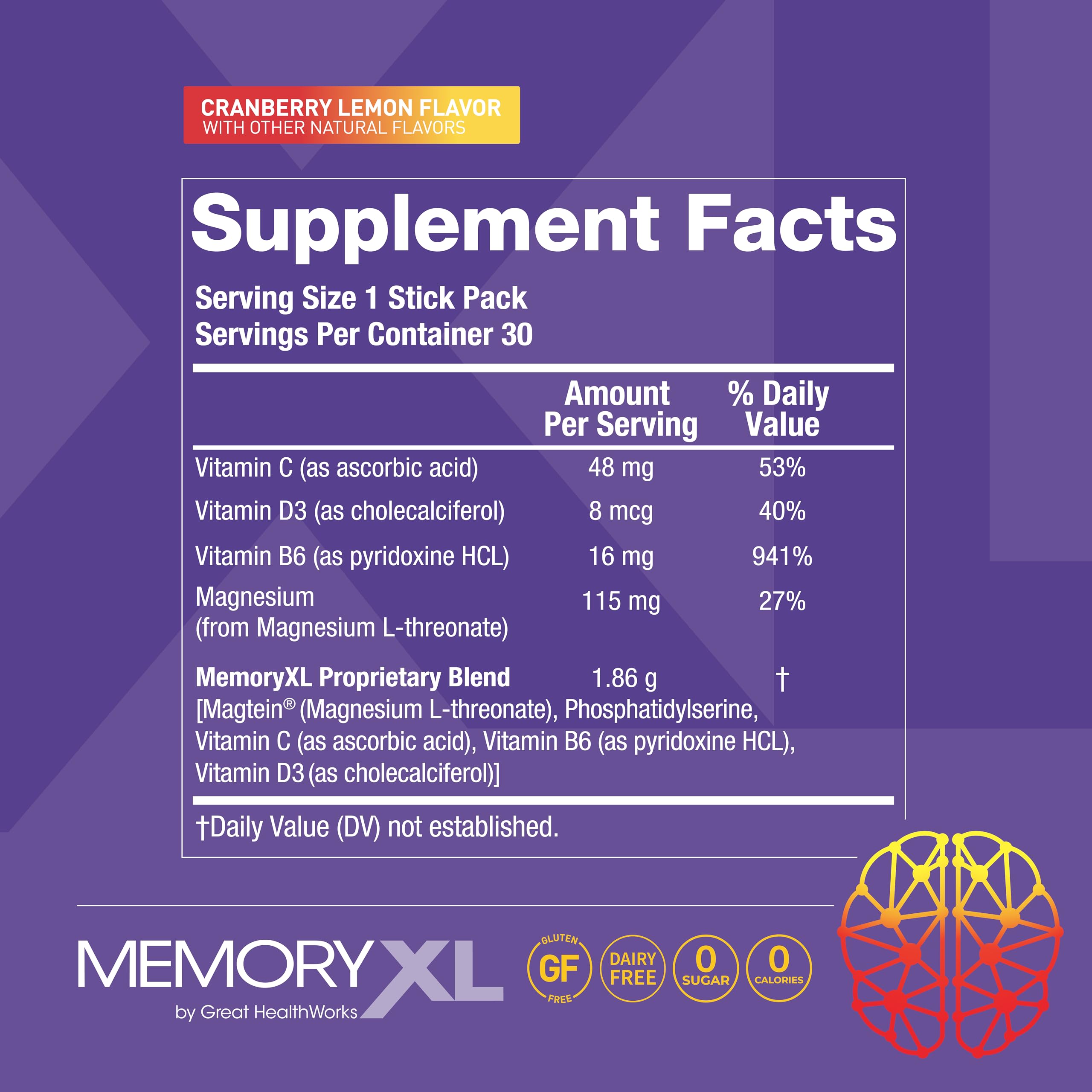 MemoryXL, Magnesium L-Threonate: Brain Supplement for Memory & Focus; Magtein®, Phosphatidylserine, Vitamin Mix. Improves Memory Focus Attention Learning & Logic. 0 Sugar, 0 cal, 30pk Cranberry Lemon OmegaXL uk supplements