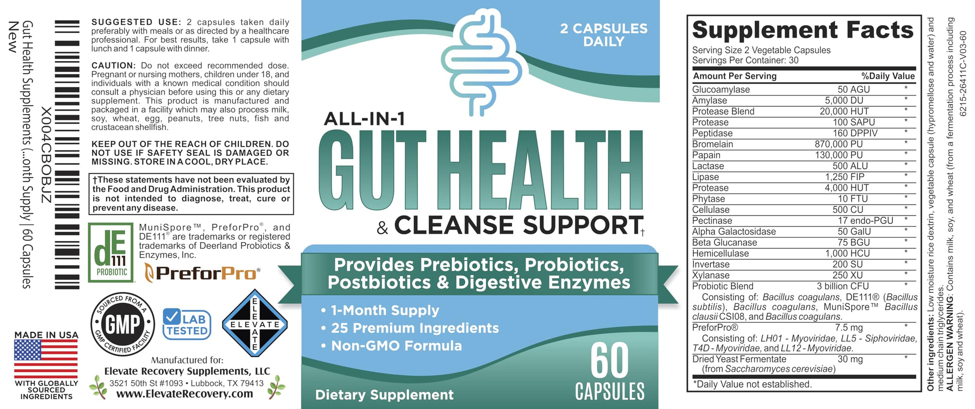 Gut Health Support Supplement (25-in-1) with Prebiotics, Probiotics, Postbiotics & Digestive Enzymes | Gut Supplements | 60 Capsules Elevate Recovery Supplements uk supplements
