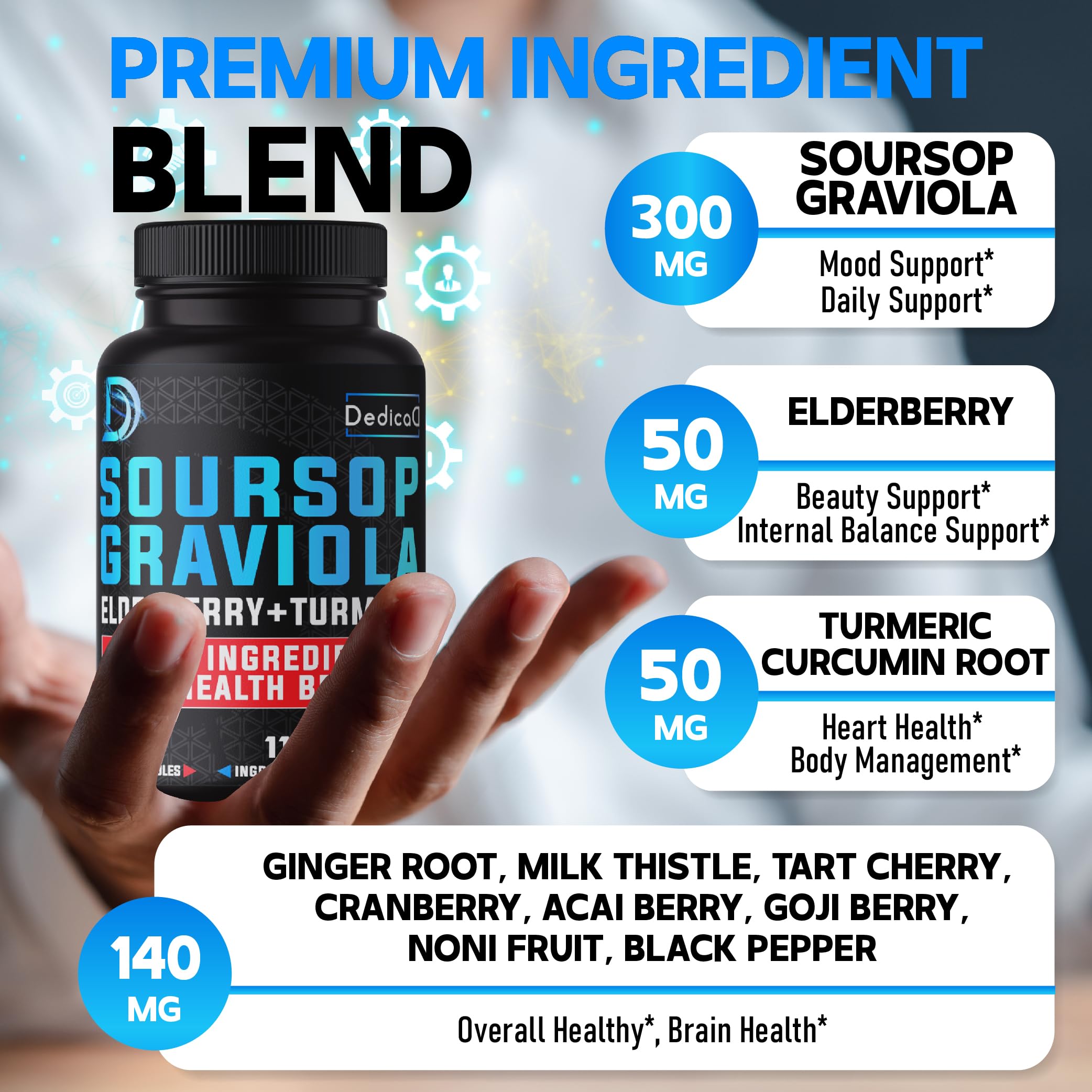 DEDICAD 11in1 Graviola Soursop Capsules for 5 Months Supply with Soursop Fruit, Elderberry, Turmeric, Ginger, Milk Thistle, Cranberry & More - Mood - 150 Vegan Capsules DEDICAD uk supplements