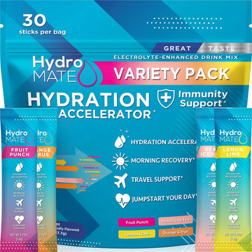 HydroMATE Electrolyte Powder Variety Pack Hydration Packets Low Sugar 30 Count NatureWorks uk supplements