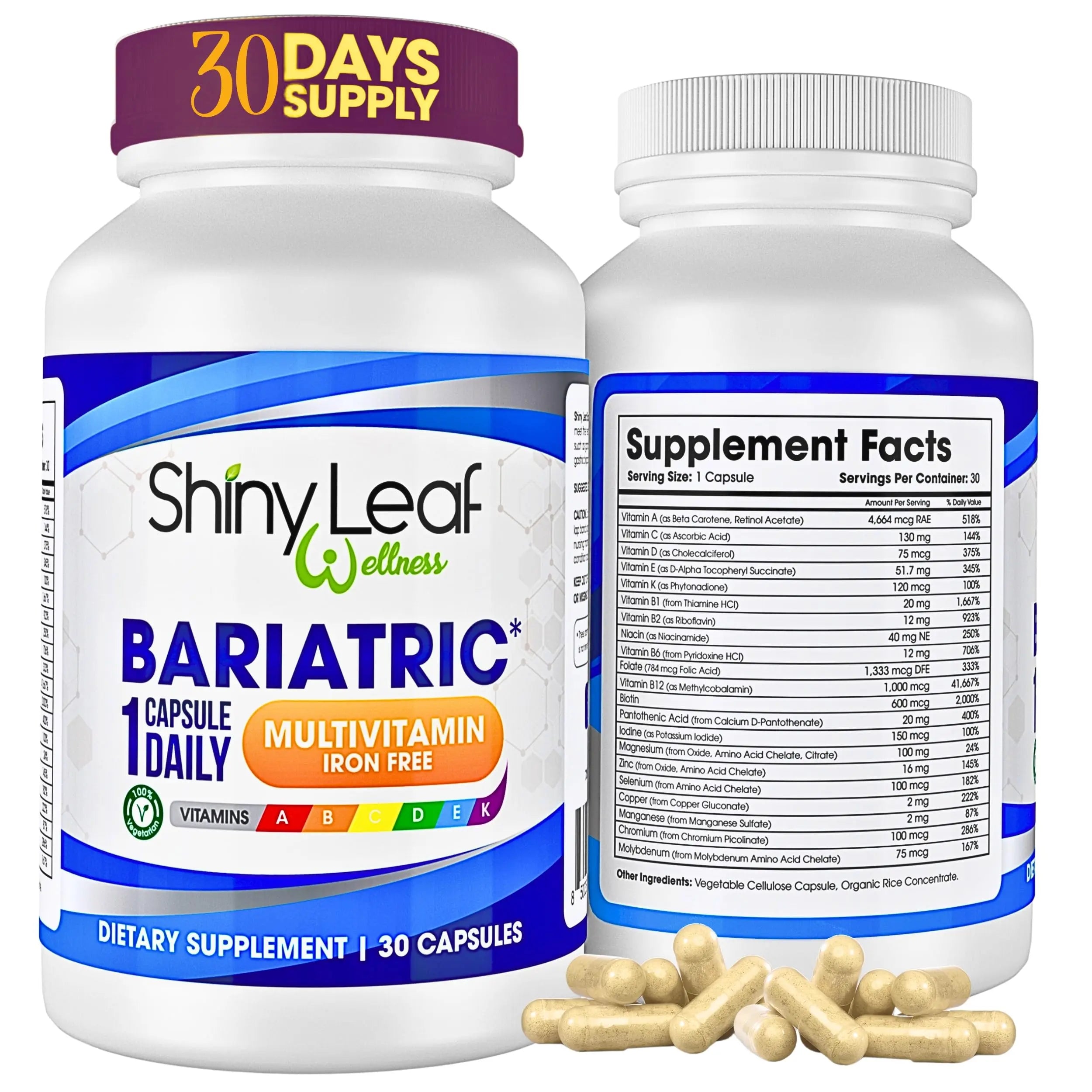 Bariatric Multivitamin Iron-Free One Capsule Per Day and CoQ10 100mg Supplement for Brain Health and Energy Management for Women and Men - 1 Month Supply Shiny Leaf uk supplements