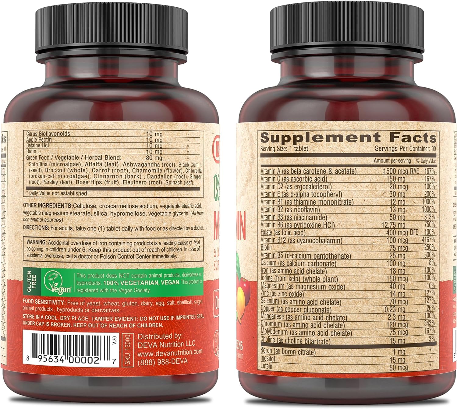 DEVA Vegan Multivitamin & Mineral Supplement with Iron 2-Pack, Spirulina, Chlorella, Ashwagandha, Broccoli & More, 90 Coated Tablets Each DEVA uk supplements