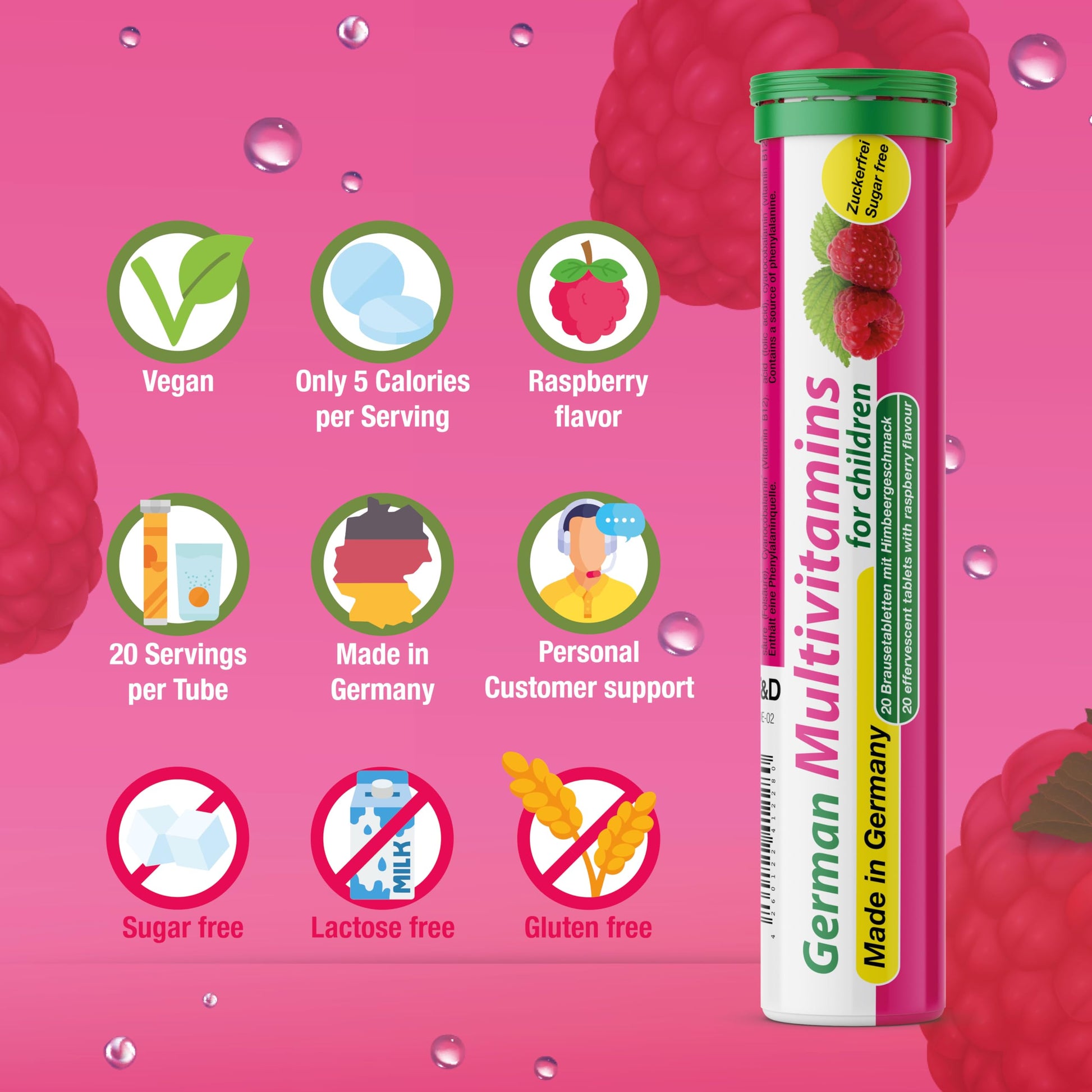 T&D German Multivitamin for Children 60 Drink Effervescent Tablets - Sweet Raspberry Flavour, Sugar Free, Vegan - Vitamin C, E, B1, B2, B6, B12 T&D uk supplements