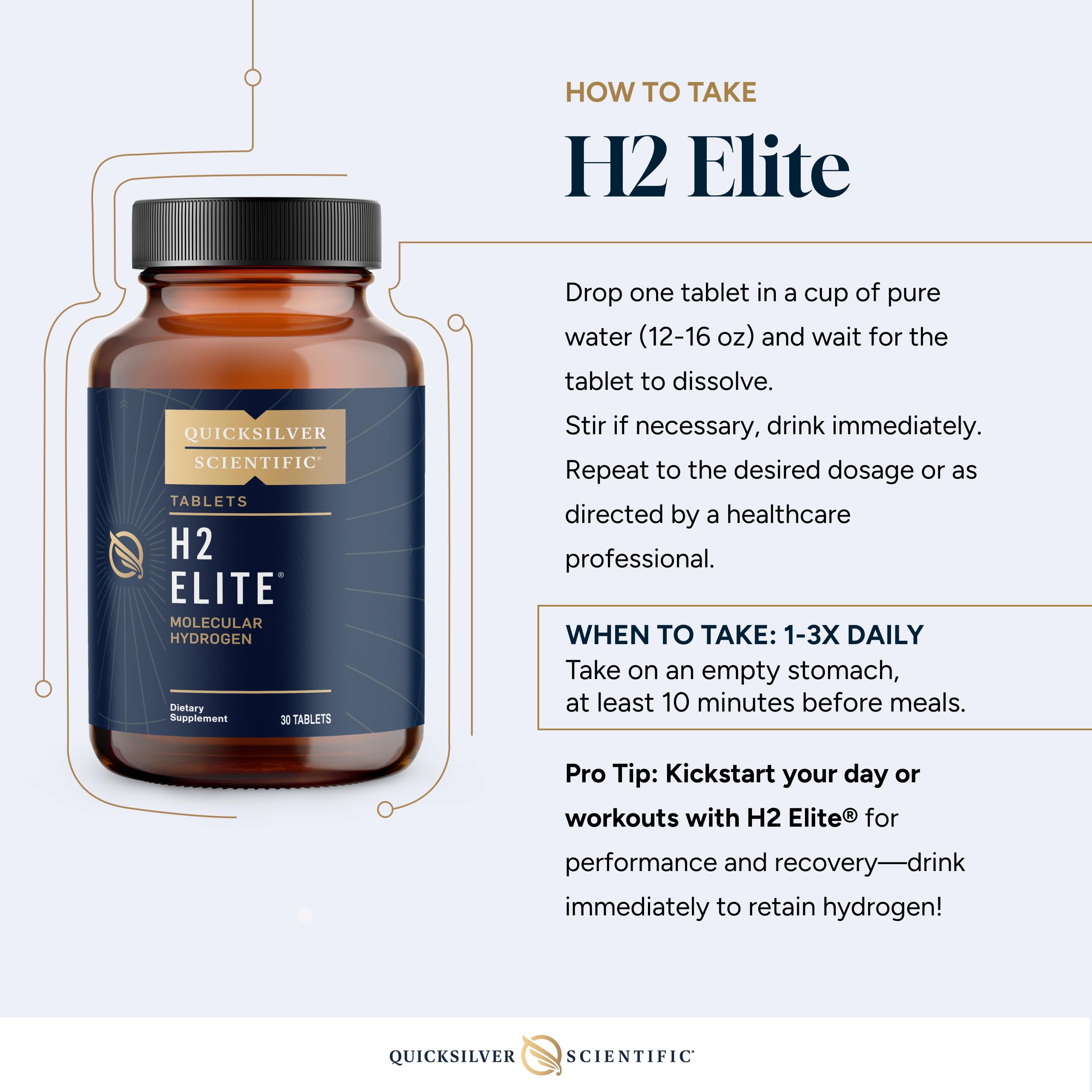 Quicksilver Scientific H2 Elite - Molecular Hydrogen for Energy + Metabolism Support, Water Tablets Perfect for Open Containers - Magnesium Malate Drink Additive (30 Molecular Hydrogen Tablets) Quicksilver Scientific uk supplements