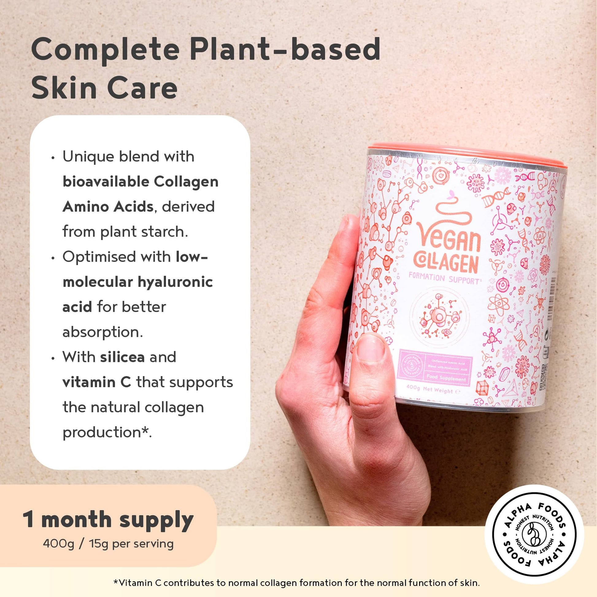 Vegan Collagen Powder with Hyaluronic Acid - Unflavoured 400g Powder Alpha Foods uk supplements