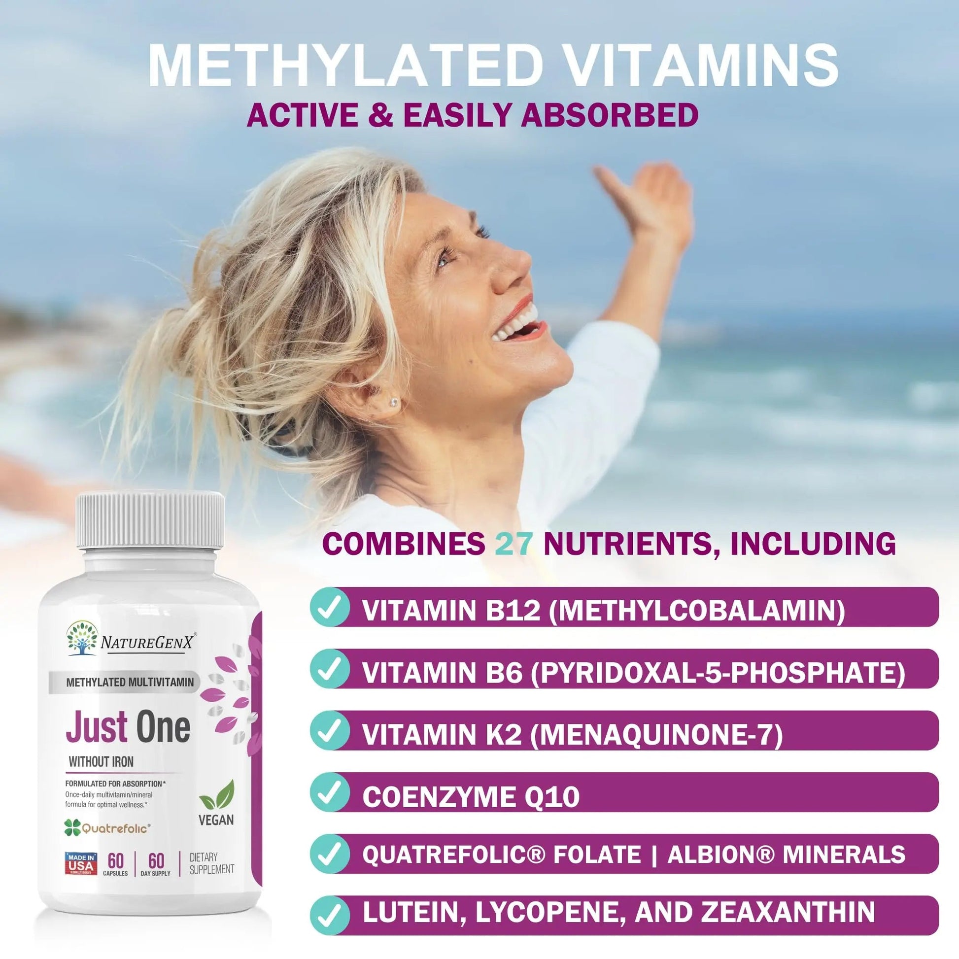 NatureGenX Just One Daily Methylated Multivitamin - 60 Caps Pure Methyl B12, Methylfolate MTHFR Support Supplement Iron Free Methylated Vitamins NatureGenX uk supplements