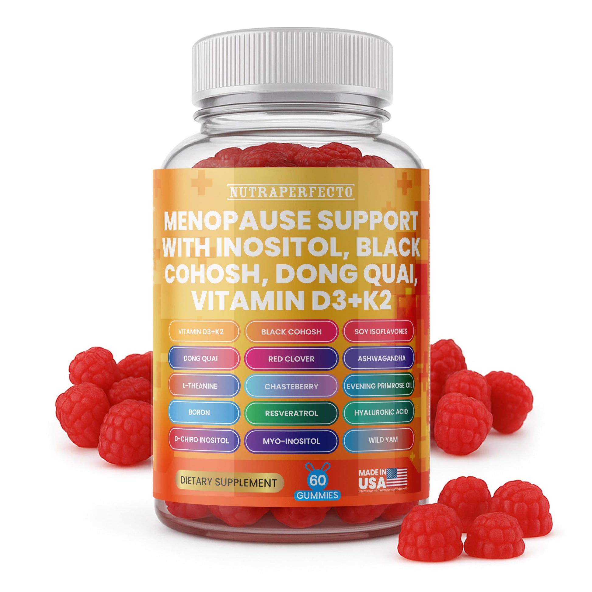 Sugar Free Menopause Support Gummies for Women D-Chiro Myo Inositol Black Cohosh Dong Quai Vitamin D3 K2 - Hormone Balance, PMS, Hot Flash & Night Sweat Relief Perimenopause Water Retention Debloating NutraPerfecto uk supplements