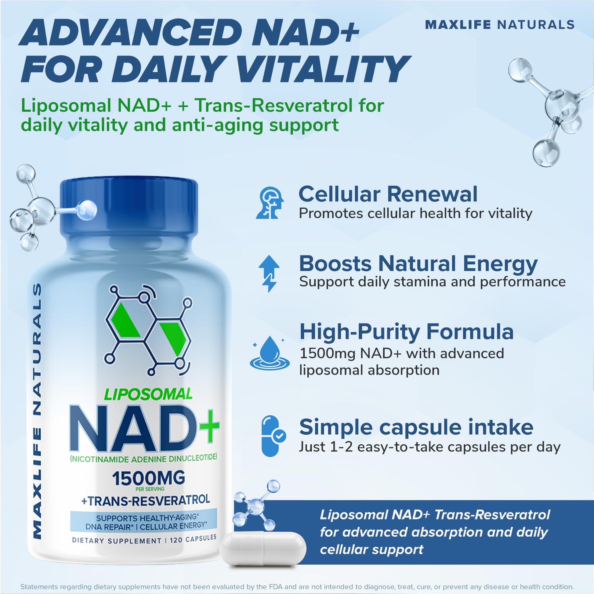 Liposomal NAD+ Trans-Resveratrol Supplement 1500mg - 120 Capsules - Liposomal NAD Supplements for Women and Men, High Purity-NAD Cell Regenerator, Cognitive & Anti Aging Supplement for Women & Men MAXLIFE NATURALS uk supplements