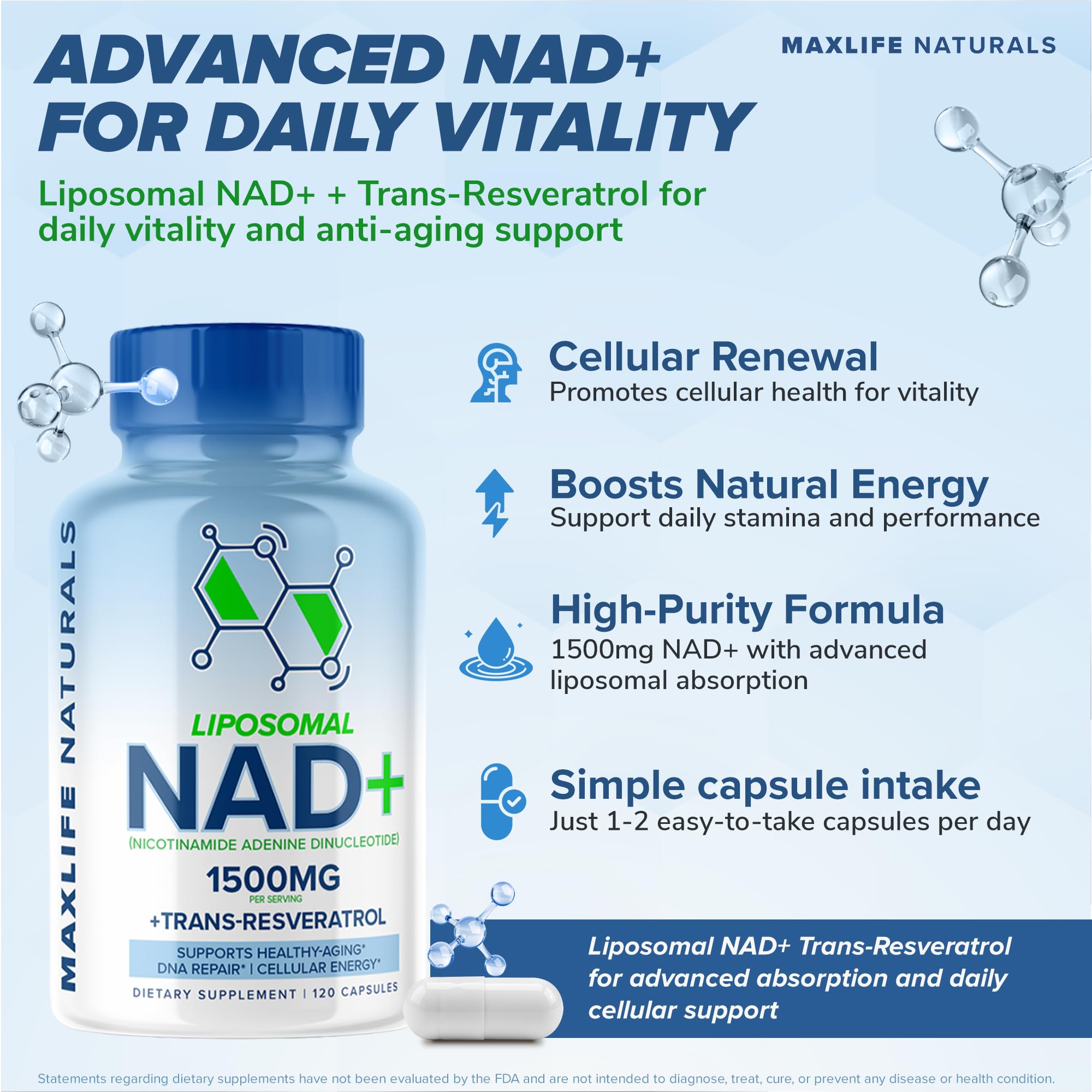 Liposomal NAD+ Trans-Resveratrol Supplement 1500mg - 120 Capsules - Liposomal NAD Supplements for Women and Men, High Purity-NAD Cell Regenerator, Cognitive & Anti Aging Supplement for Women & Men MAXLIFE NATURALS uk supplements