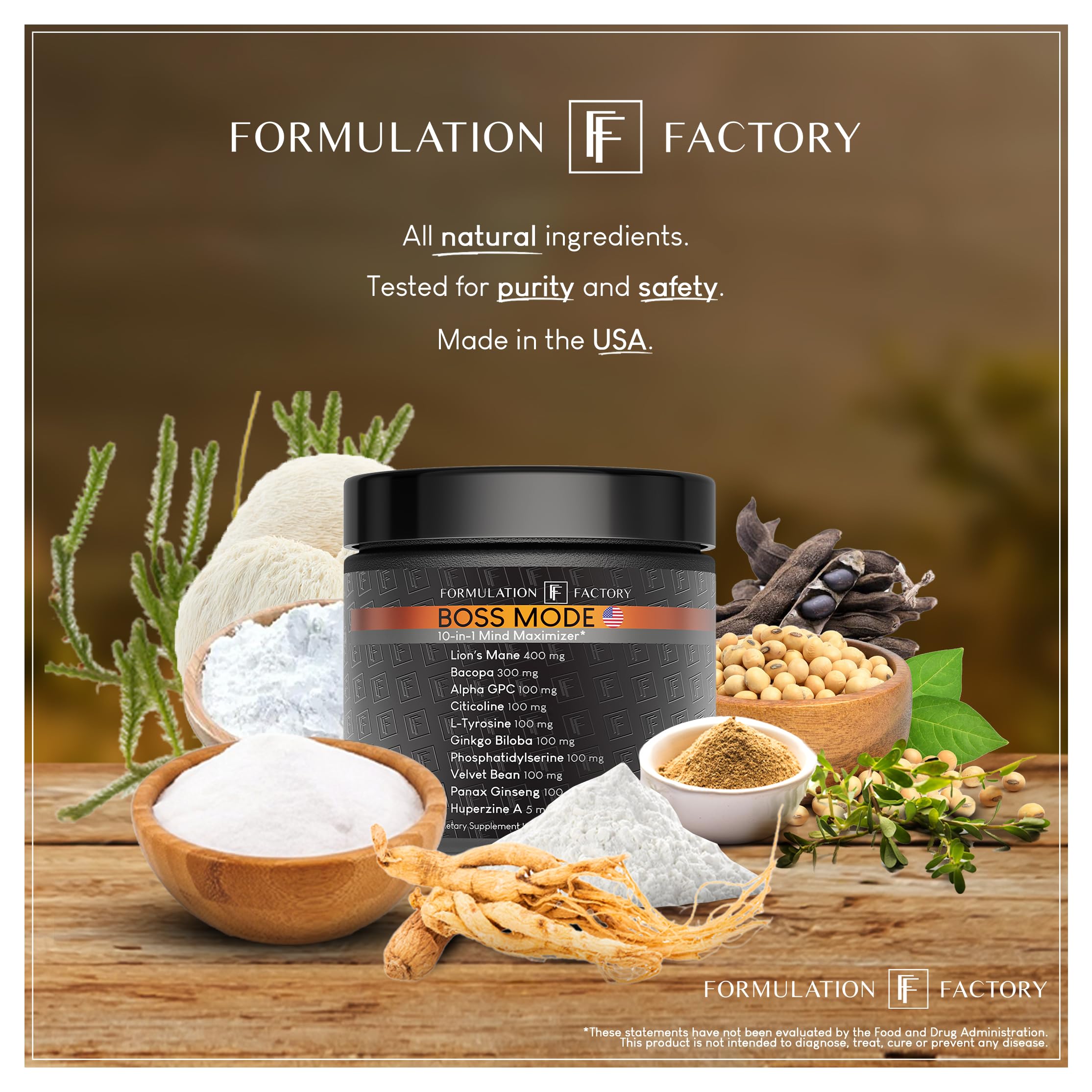 Formulation Factory Nootropic Brain Supplement - Boss Mode Focus & Memory Complex with Lion's Mane, Alpha GPC & Bacopa - Cognitive Support - 120 Capsules, 2 Month Supply Formulation Factory uk supplements