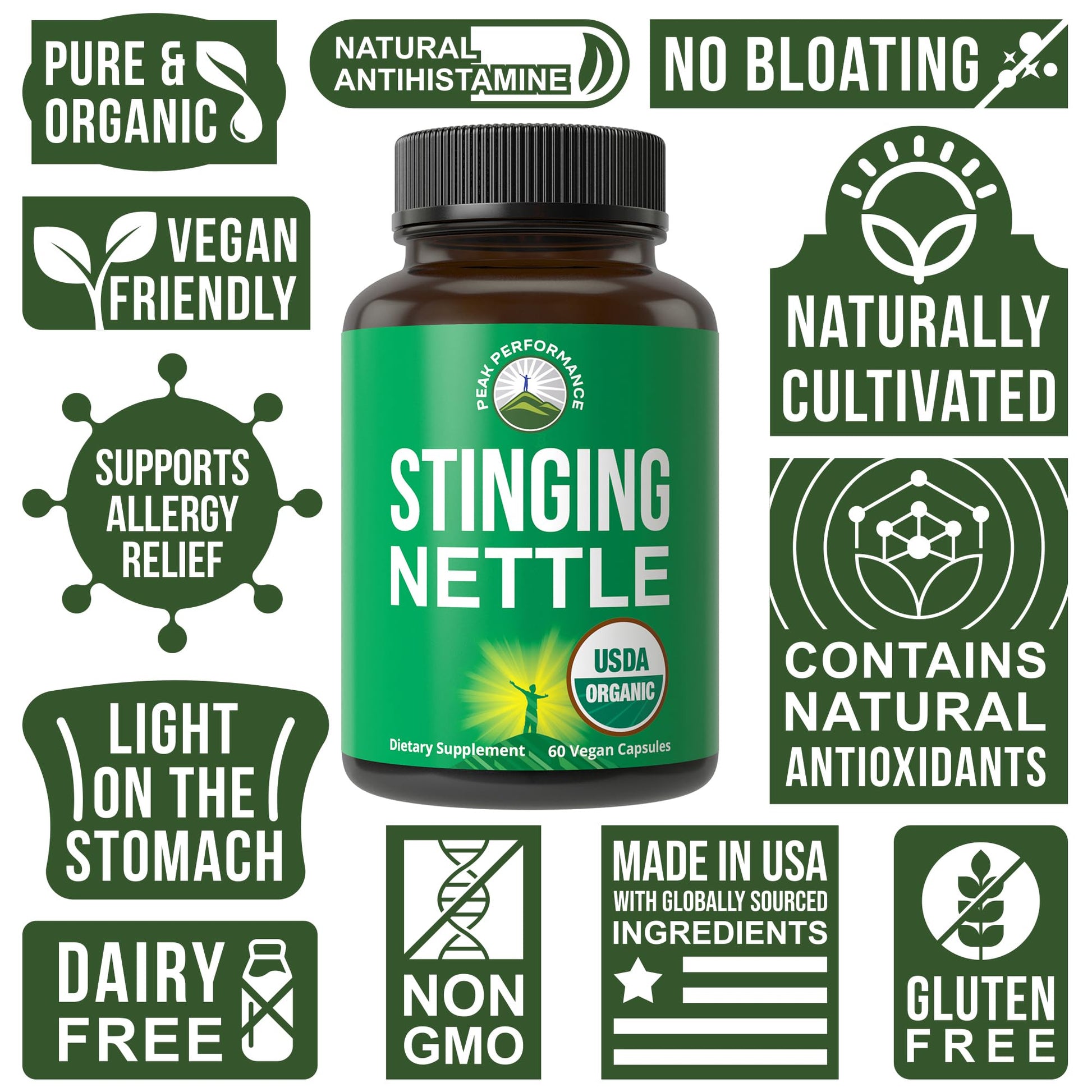 USDA Organic Stinging Nettle Vegan Capsules Made with Stinging Nettle Leaf Powder for Prostate, Hair Growth, Allergy. Better Than Root or Seed Extract. Plant Based Herb Supplement Tablets, 60 Pills Peak Performance uk supplements
