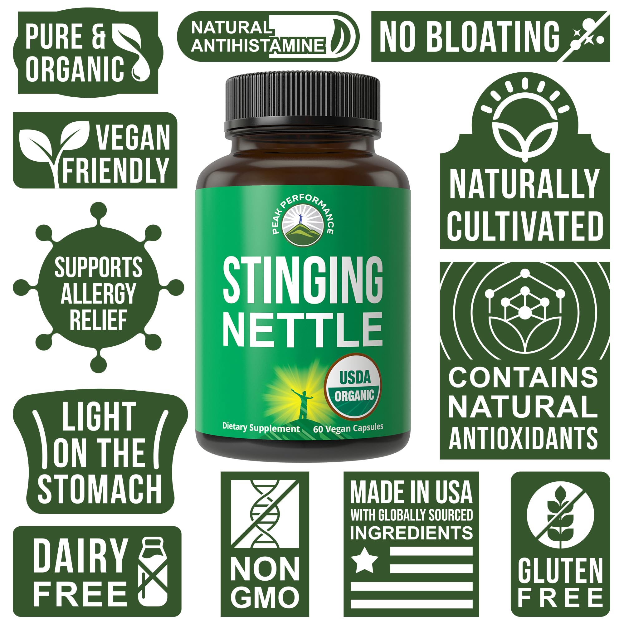 USDA Organic Stinging Nettle Vegan Capsules Made with Stinging Nettle Leaf Powder for Prostate, Hair Growth, Allergy. Better Than Root or Seed Extract. Plant Based Herb Supplement Tablets, 60 Pills Peak Performance uk supplements