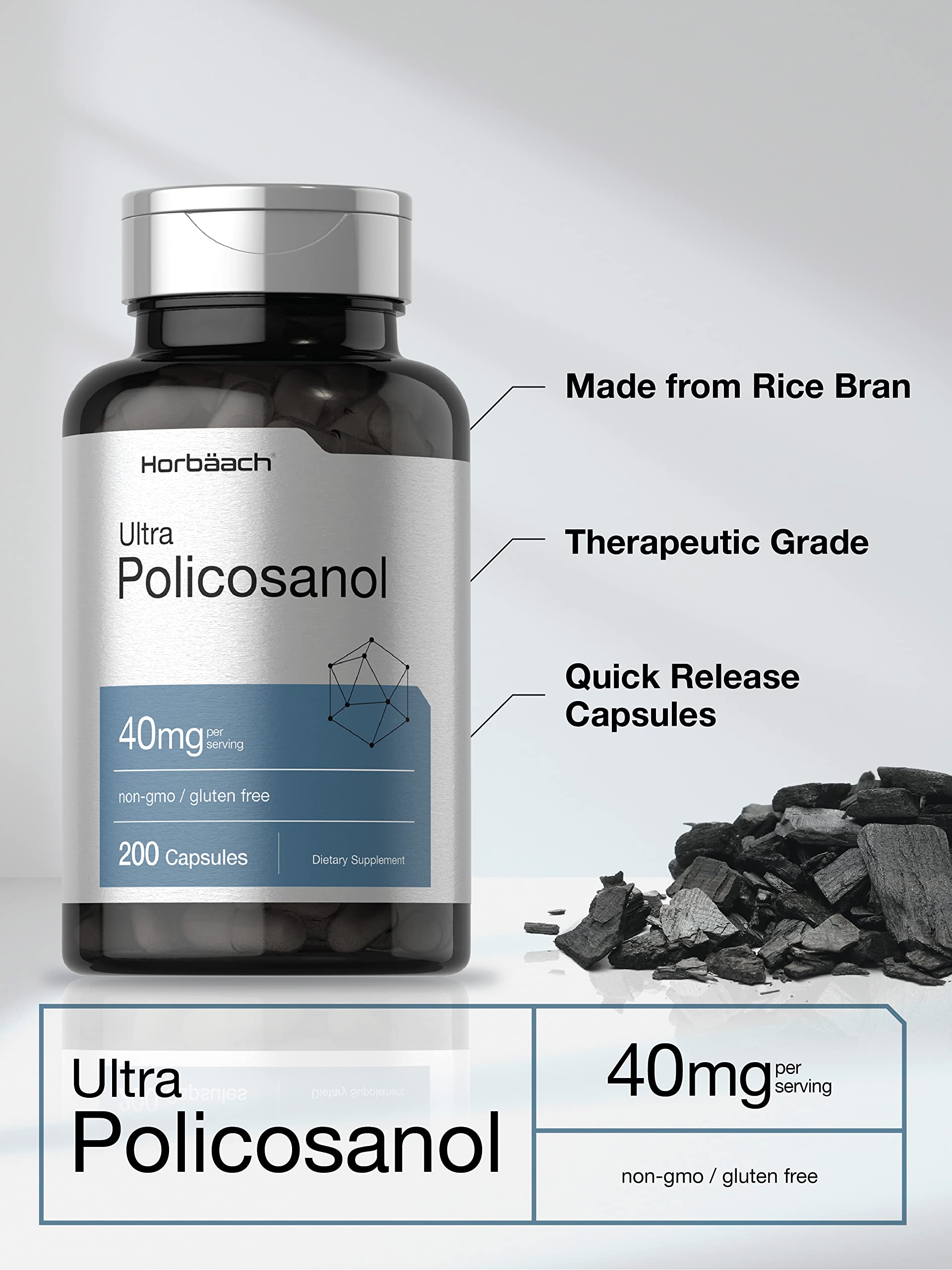 Policosanol 40mg | 200 Capsules | Non-GMO and Gluten Free | by Horbaach Horbäach uk supplements