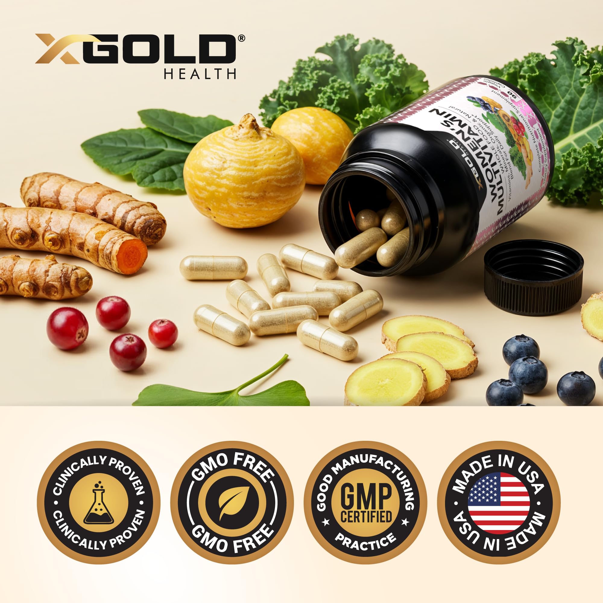 Vegan Women's Daily Multivitamin 50 Plus with Organic WholeFood Based Natural Ingredients, Ginger, Maca, Multi-Vitamin B Complex & More X Gold Health uk supplements