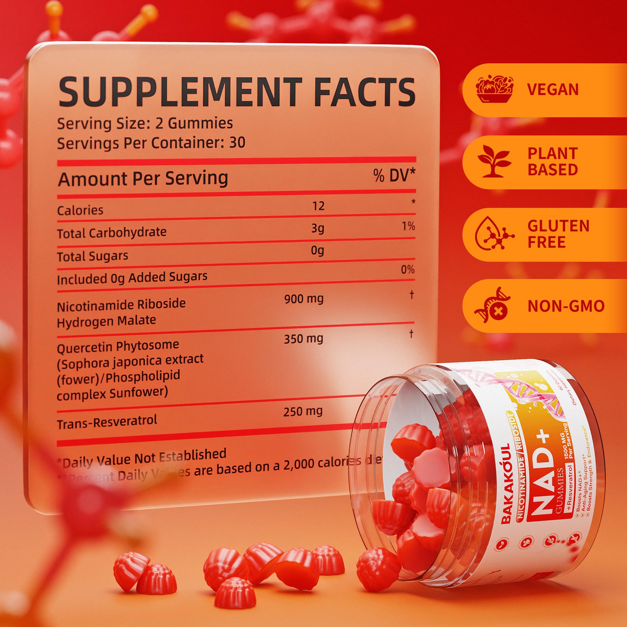 BAKAKOUL NAD Gummies, NAD Supplement - Liposomal Nicotinamide Riboside, Resveratrol, Quercetin, NAD Nicotinamide Riboside Resveratrol 900mg, NAD+ Supplement for Men and Women, 60 Gummies 1 Pack BAKAKOUL uk supplements