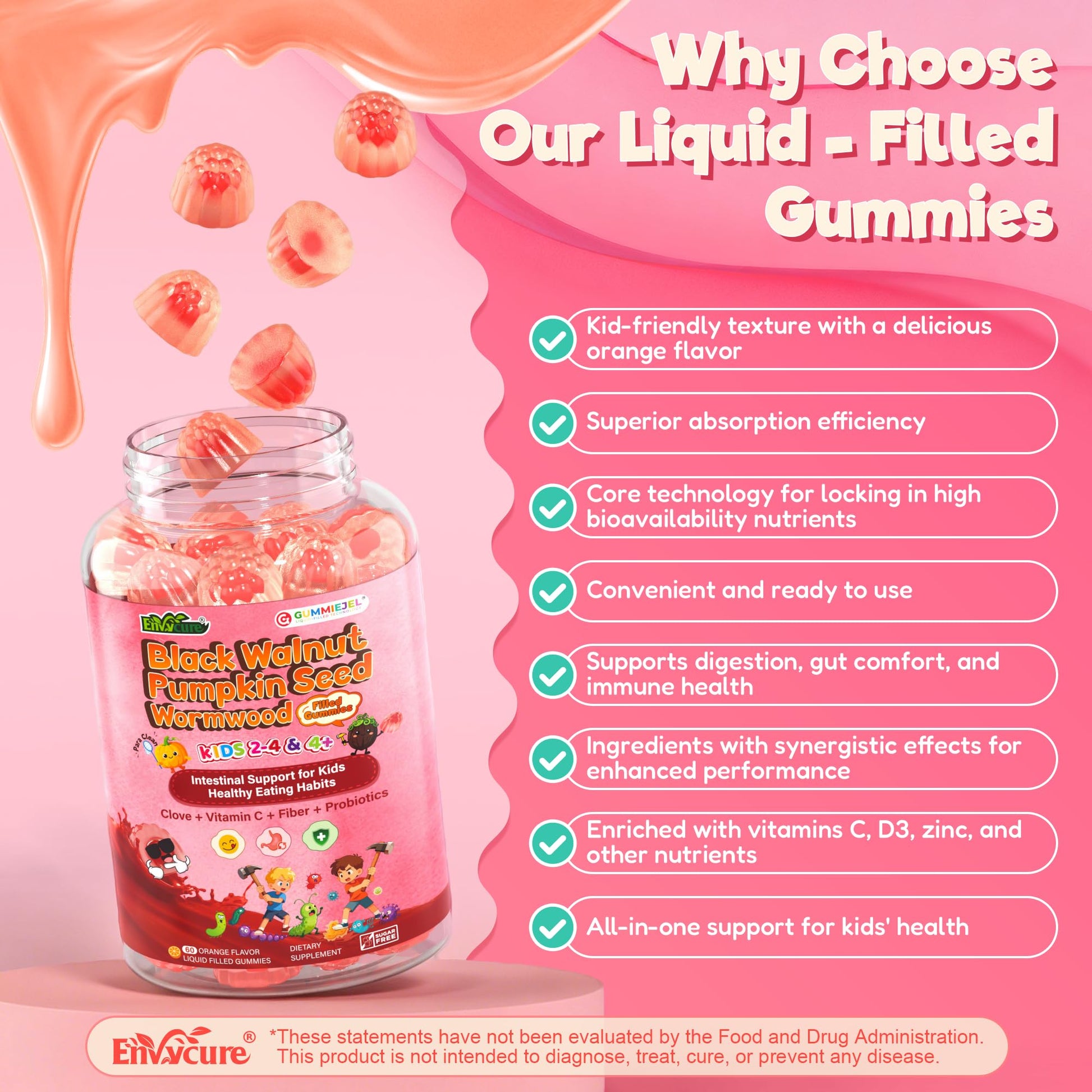 Toddler 2-4 & Kids 4+ Para Clean Gut Health Gummies w/Black Walnut, Wormwood, Clove, Pumpkin Seeds, Vitamin C, D3, Zinc, Digestive Supplement for Natural Gut Cleanse, Kids Immune Support (60cts) EnvyCure uk supplements