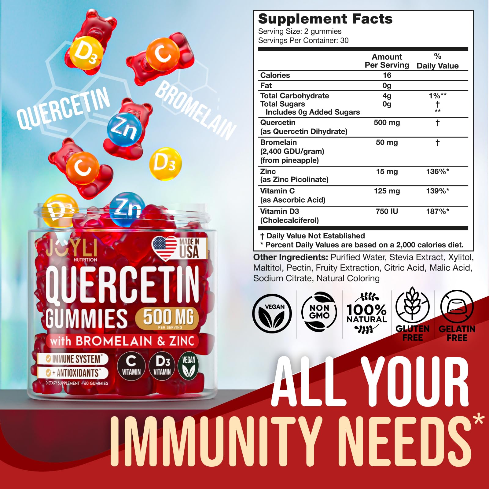 JOYLI Quercetin Gummies - Quercetin with Bromelain Zinc Vitamin C & Vitamin D3 - Quercetin Supplement 500MG for Immune System & Allergy - Quercetin for Kids and Adults - 60 Quercetin Chewable JOYLI Nutrition uk supplements