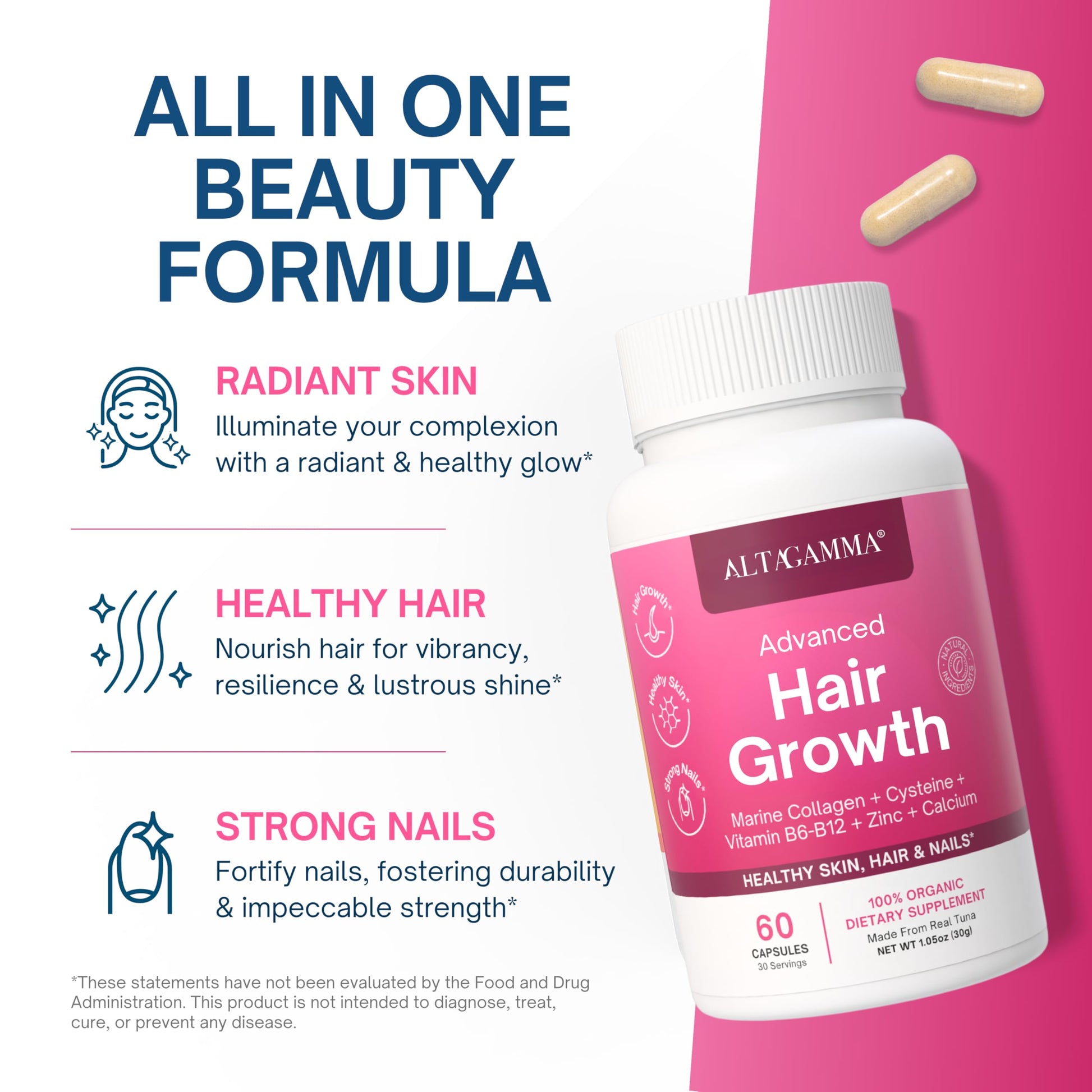 ALTAGAMMA Hair Growth Supplements - Nourishes Thinning, Strengthen Nails & Skin & Combat Hair Loss - Hair Growth Vitamins for Women & Men with Marine Collagen Peptides, 60 Capsules | 30 Day Supply ALTAGAMMA uk supplements