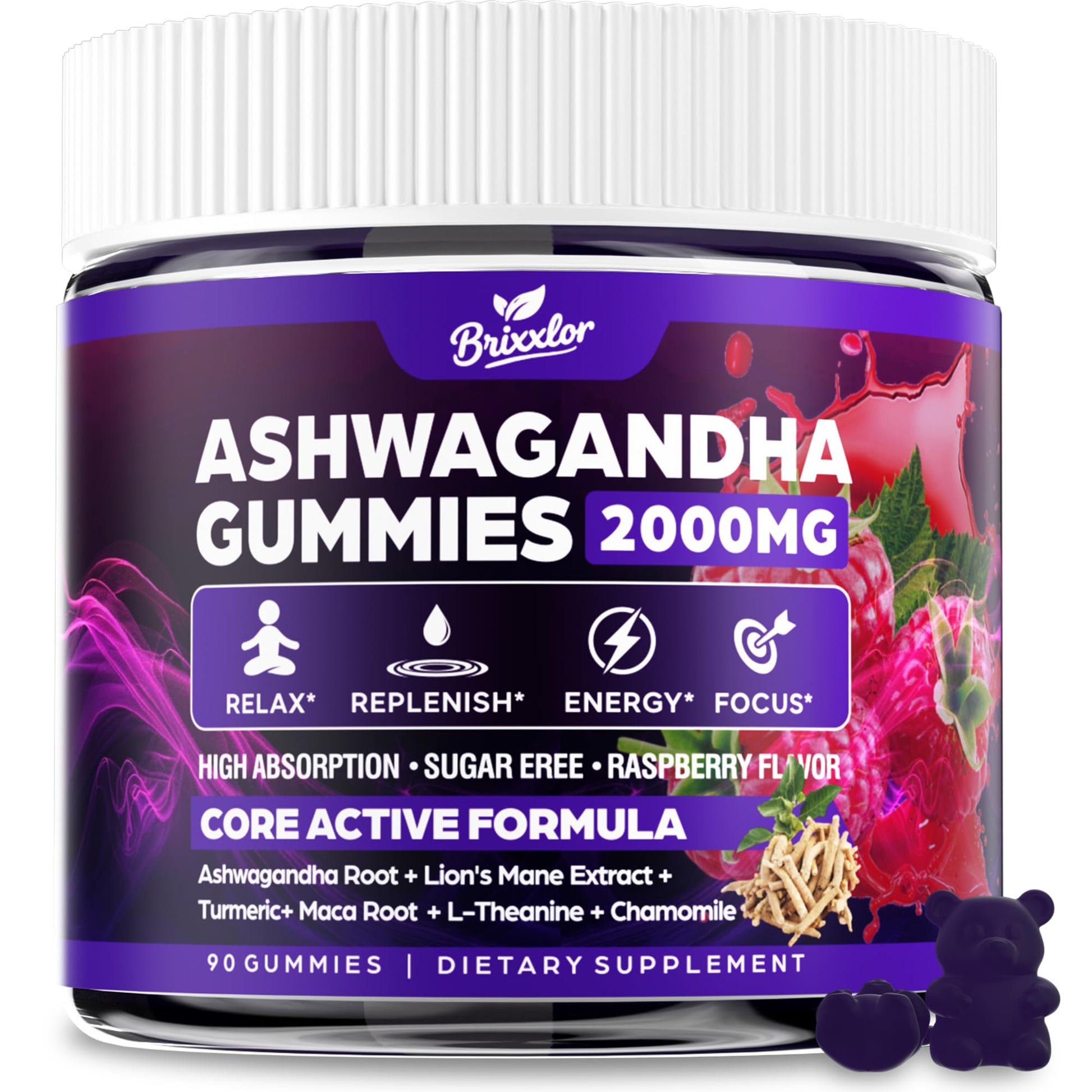 Ashwagandha Gummies - 2000MG Organic Ashwagandha & Lions Mane Gummies for Adults with Vitamin D3 B12, L-Theanine, Cortisol Supplements for Women & Men, Sugar-Free, Vegan, Berry Flavor - 90 Counts Brixxlor uk supplements