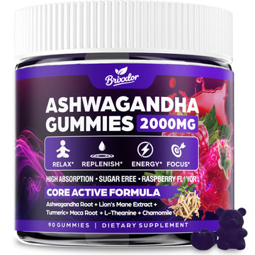 Ashwagandha Gummies - 2000MG Organic Ashwagandha & Lions Mane Gummies for Adults with Vitamin D3 B12, L-Theanine, Cortisol Supplements for Women & Men, Sugar-Free, Vegan, Berry Flavor - 90 Counts Brixxlor uk supplements