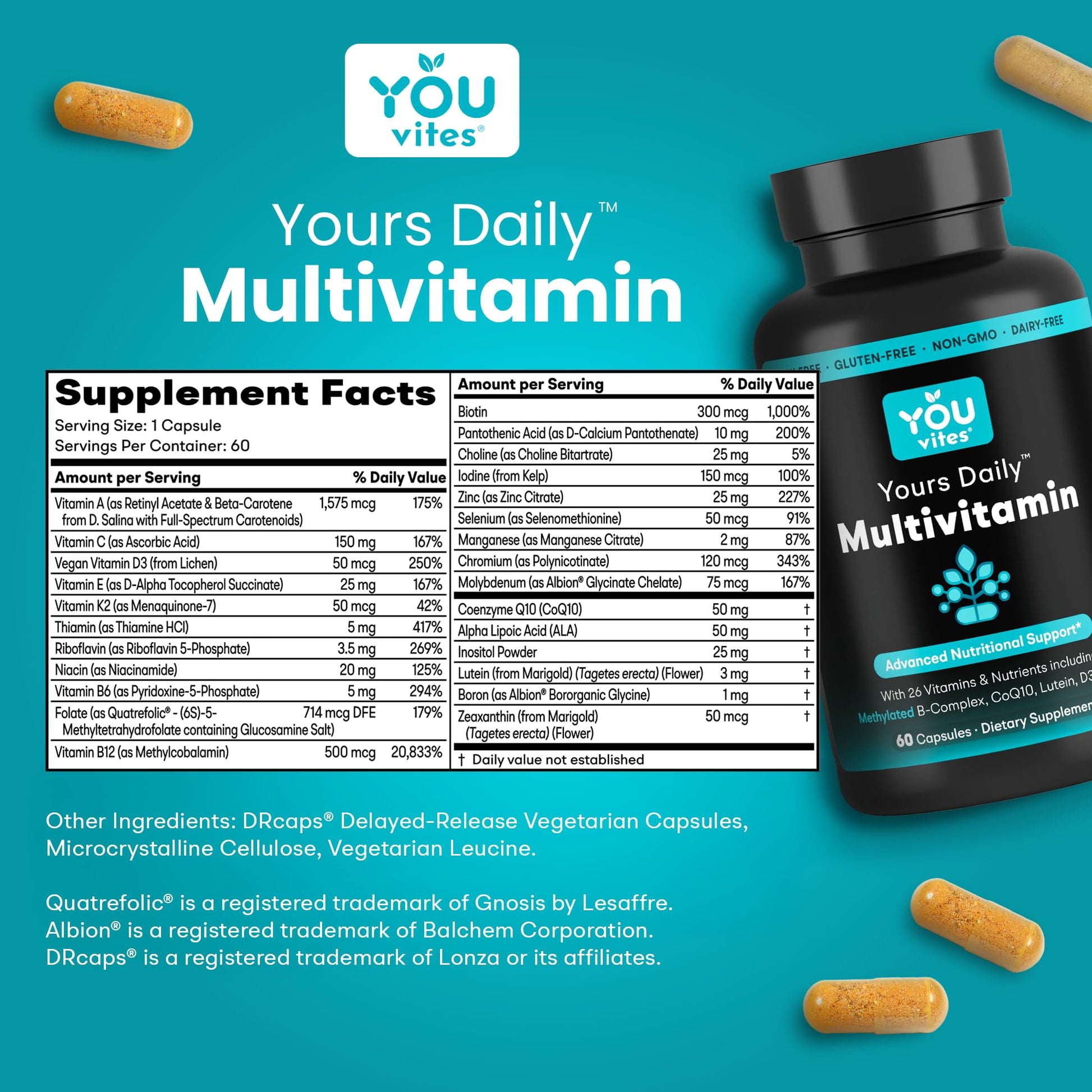 You Vites - Methylated Multivitamin for Men and Women, Methyl Multi Without Iron - 60 Capsules, MTHFR Supplement with Methyl B12, Methylfolate (5-MTHF), CoQ10 for Energy, Heart and Mood Support You Vites uk supplements