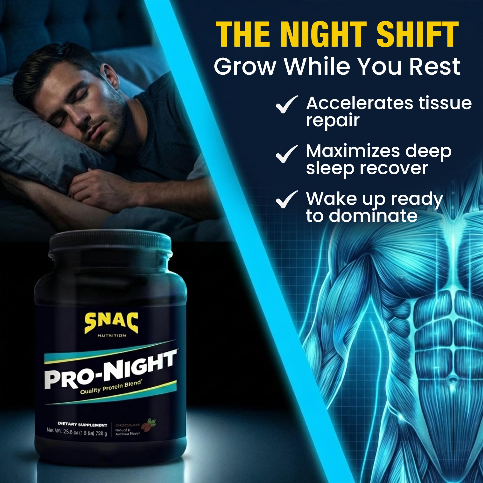 SNAC Pro-Night Protein Powder Blend - Quality Protein Powder for Men and Women, Nighttime Recovery, High Protein Supplement, Supports Muscle Repair, 26g Protein per Serving, Chocolate Flavor, 1.6 lbs SNAC uk supplements