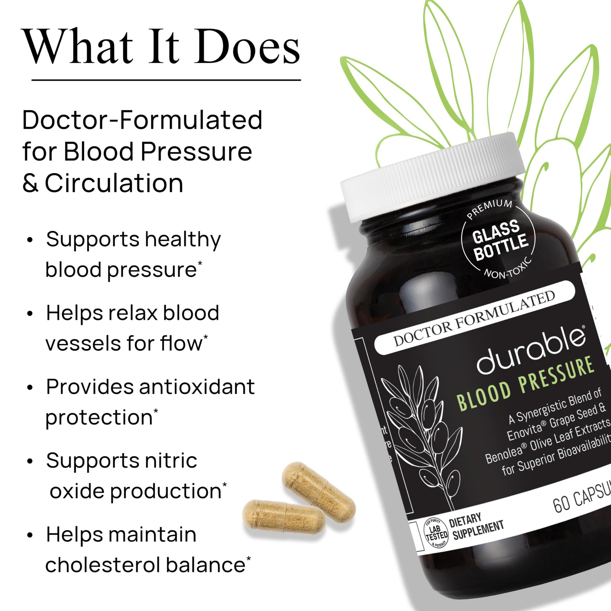 Durable Blood Pressure – Benolea Olive Leaf & Enovita Grape Seed Extract – Healthy Circulation, Nitric Oxide & Artery Support – Doctor Formulated, Vegan, Non-GMO, Made in USA (60 Capsules) Durable uk supplements