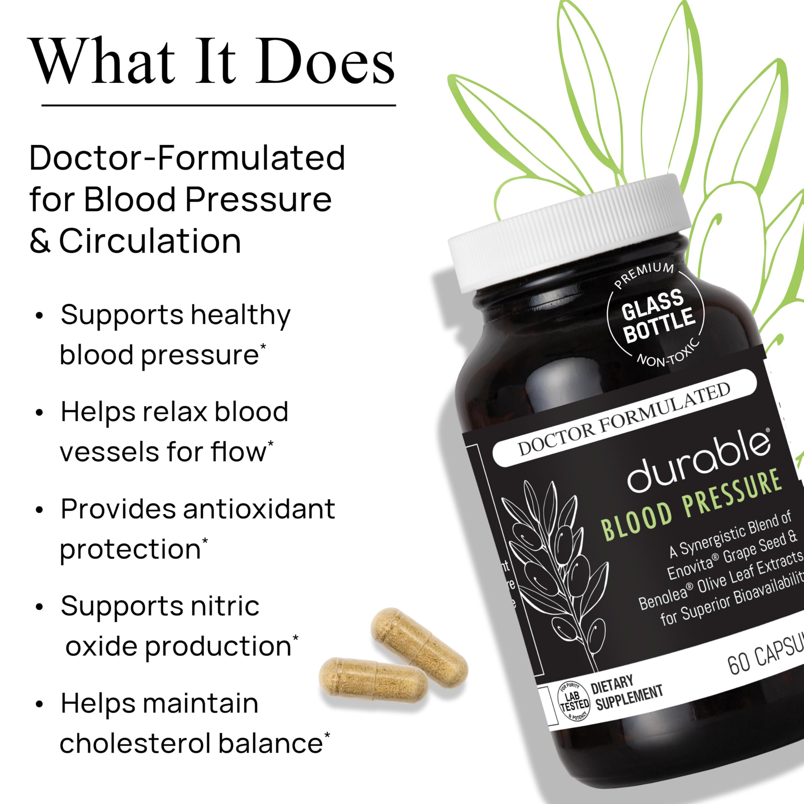Durable Blood Pressure – Benolea Olive Leaf & Enovita Grape Seed Extract – Healthy Circulation, Nitric Oxide & Artery Support – Doctor Formulated, Vegan, Non-GMO, Made in USA (60 Capsules) Durable uk supplements