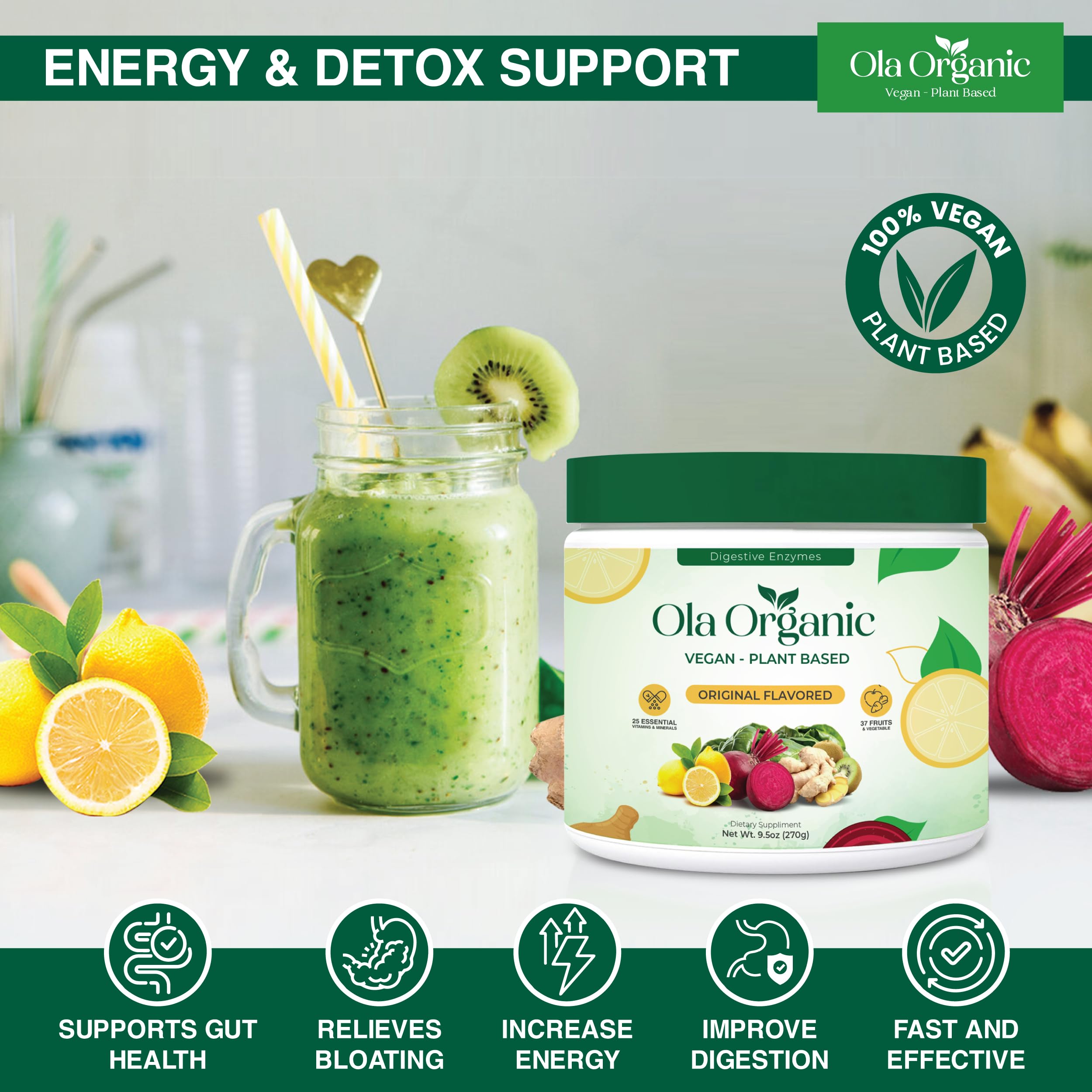 Ola Organic Greens Superfood Powder – Blend of 11 Cruciferous Vegetables with Phytonutrients – Supports Energy, & Immune Health Support – Non-GMO Vegetable Supplement (270g Jar) Ola Organic uk supplements