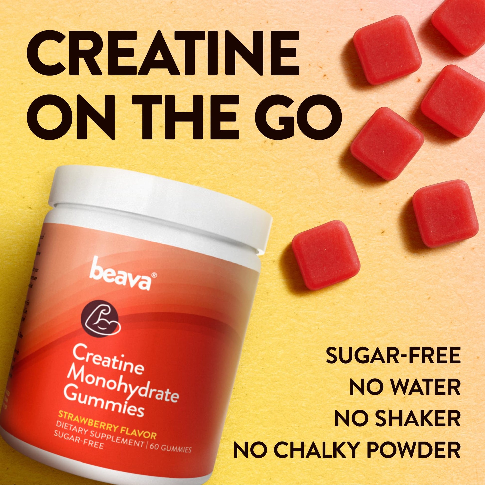 Creatine Monohydrate Gummies - 30 Servings - Vegan Creatine Chews for Muscle Growth, Muscle Recovery, Workout Recovery, Anaerobic Endurance - No Loading Phase - No Bloating - Strawberry - No Sugar beava uk supplements