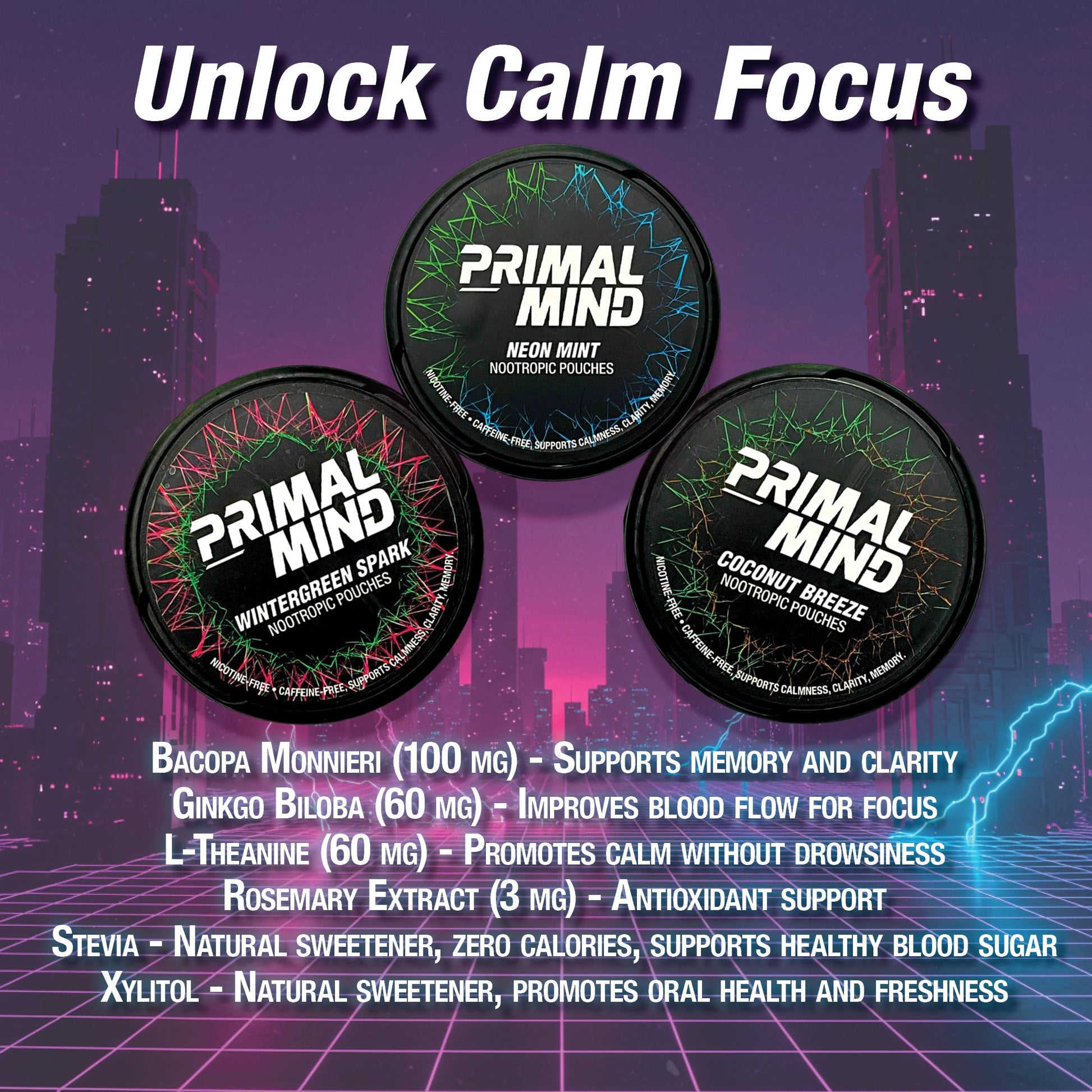 Nootropic Pouches - Primal Mind Caffeine Free Nootropics Pouches Made with Ginkgo Biloba & L-Theanine - Nicotine Free Brain Boost, No Sugar, Cognitive Support – 20 Pouches Per Can, 5 Pack (Neon Mint) Primal Prelude uk supplements