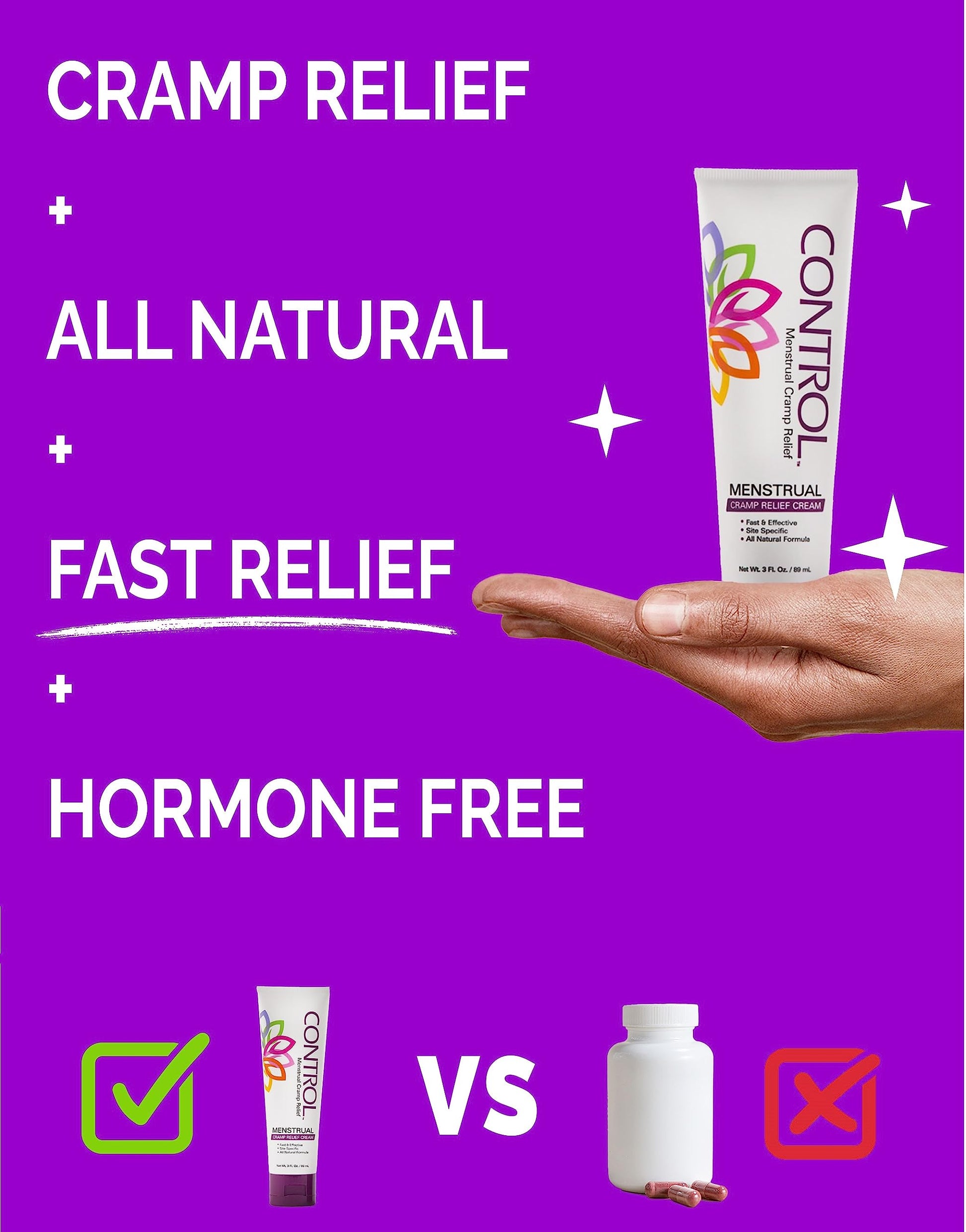 CONTROL, Menstrual Cramp Relief Cream, Topical Pain Relief for Period Cramps and PMS, Period Relief Products, Fast and Effective, Easy to Use, Safe for All Ages, Hormone Free, All Natural, 3 oz Tube. CONTROL uk supplements