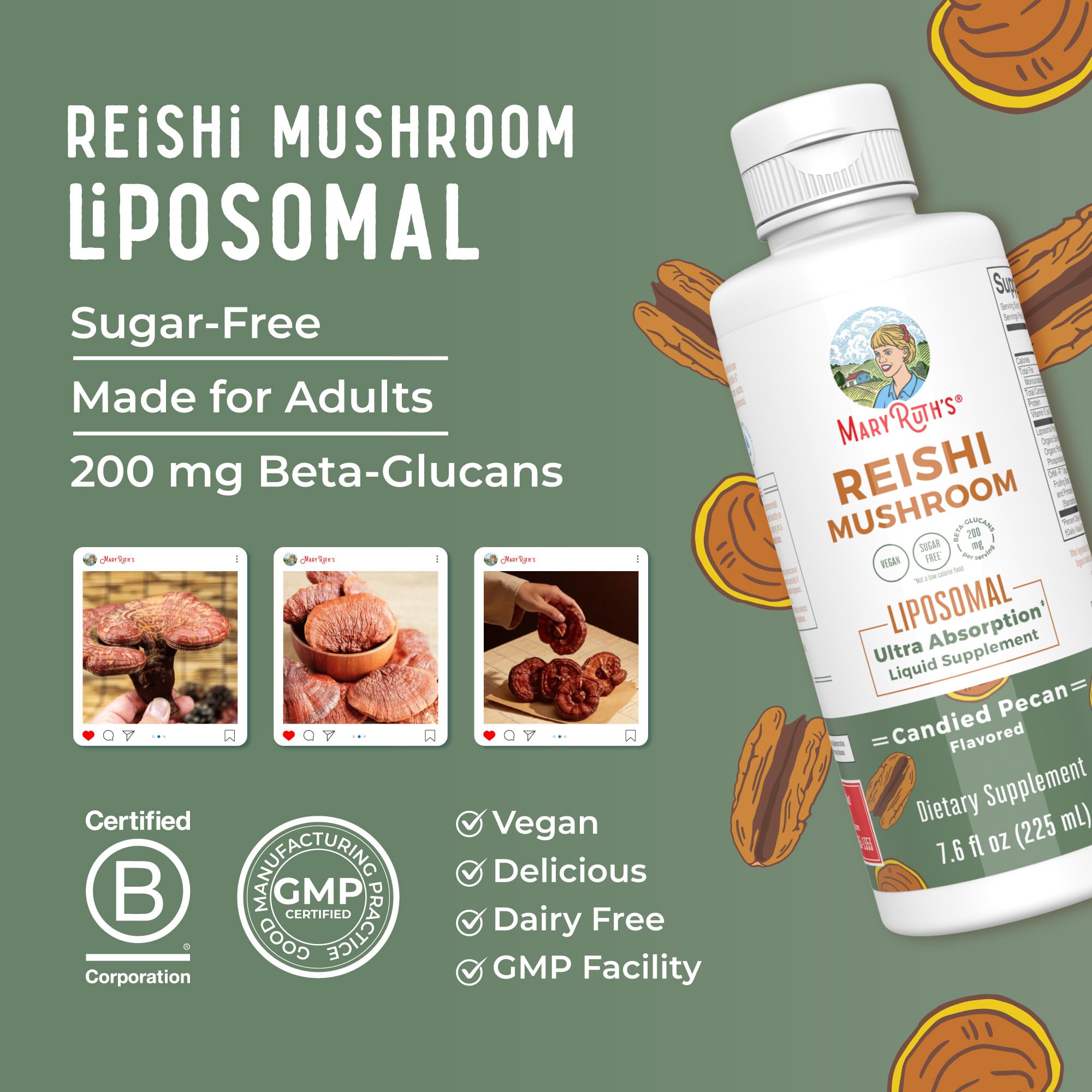 MaryRuth Organics Reishi Vegan Mushroom Supplement | Ultra Absorption Liposomal | Immune Support with 200mg Beta-Glucans, Vegan |Full Spectrum Reishi Mushrooms Fruiting Body | 7.6 oz, MARYRUTH'S uk supplements