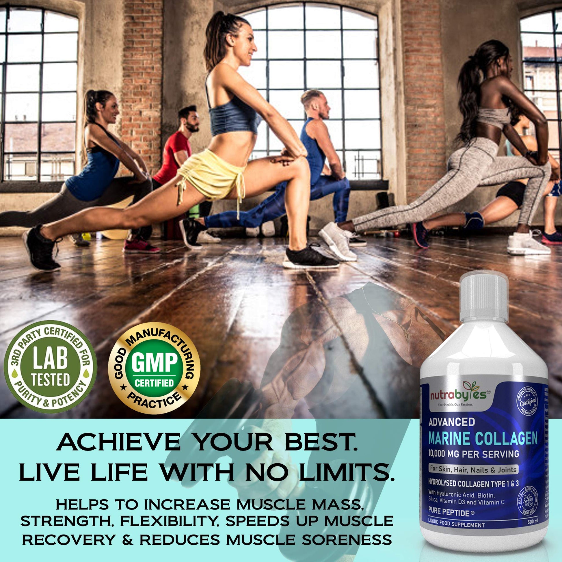 Marine Collagen Liquid 10000mg Sugar Free, Hydrolysed Peptides | Hyaluronic Acid, Biotin, Silica, Vitamin C, Vitamin D3 NUTRABYTES uk supplements
