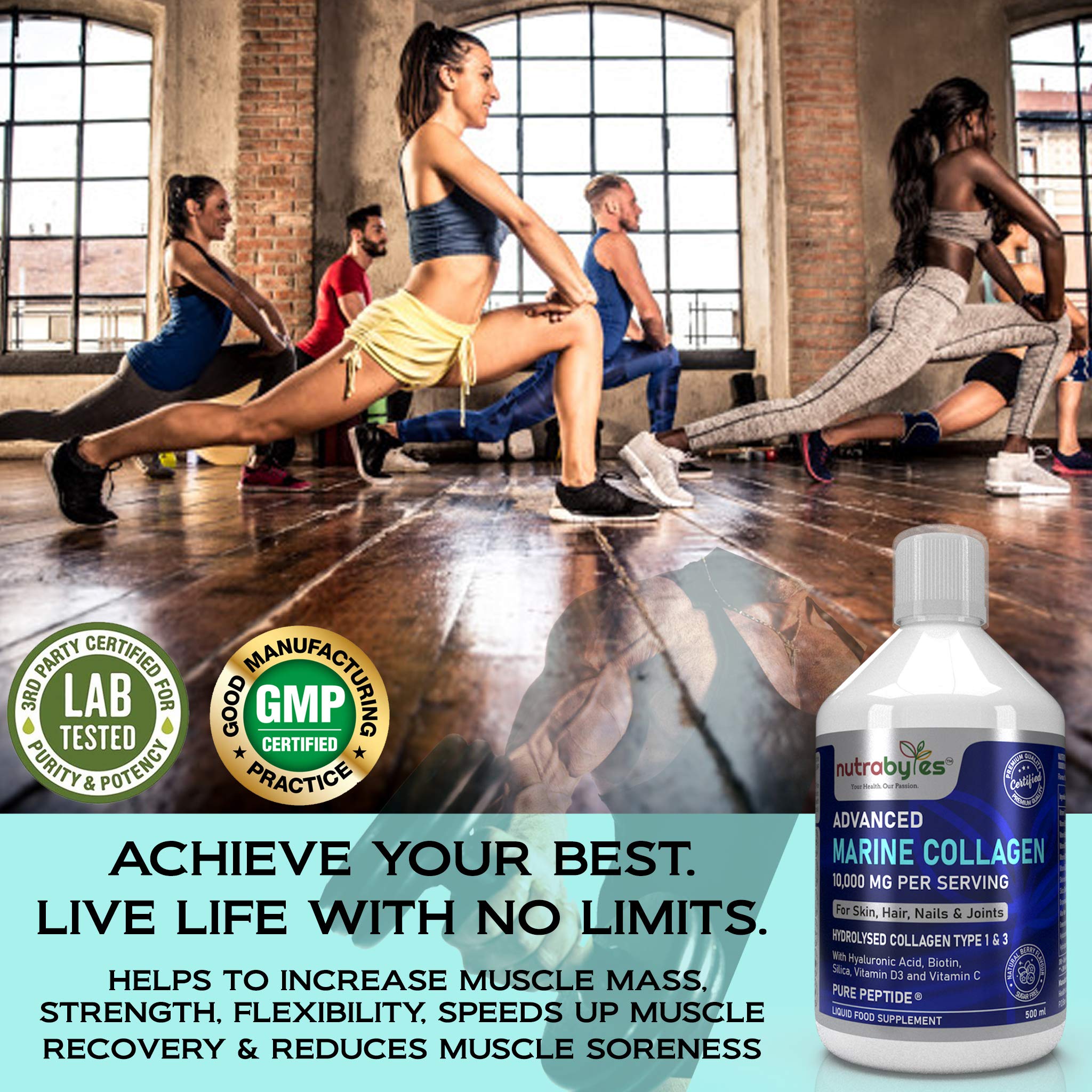 Marine Collagen Liquid 10000mg Sugar Free, Hydrolysed Peptides | Hyaluronic Acid, Biotin, Silica, Vitamin C, Vitamin D3 NUTRABYTES uk supplements