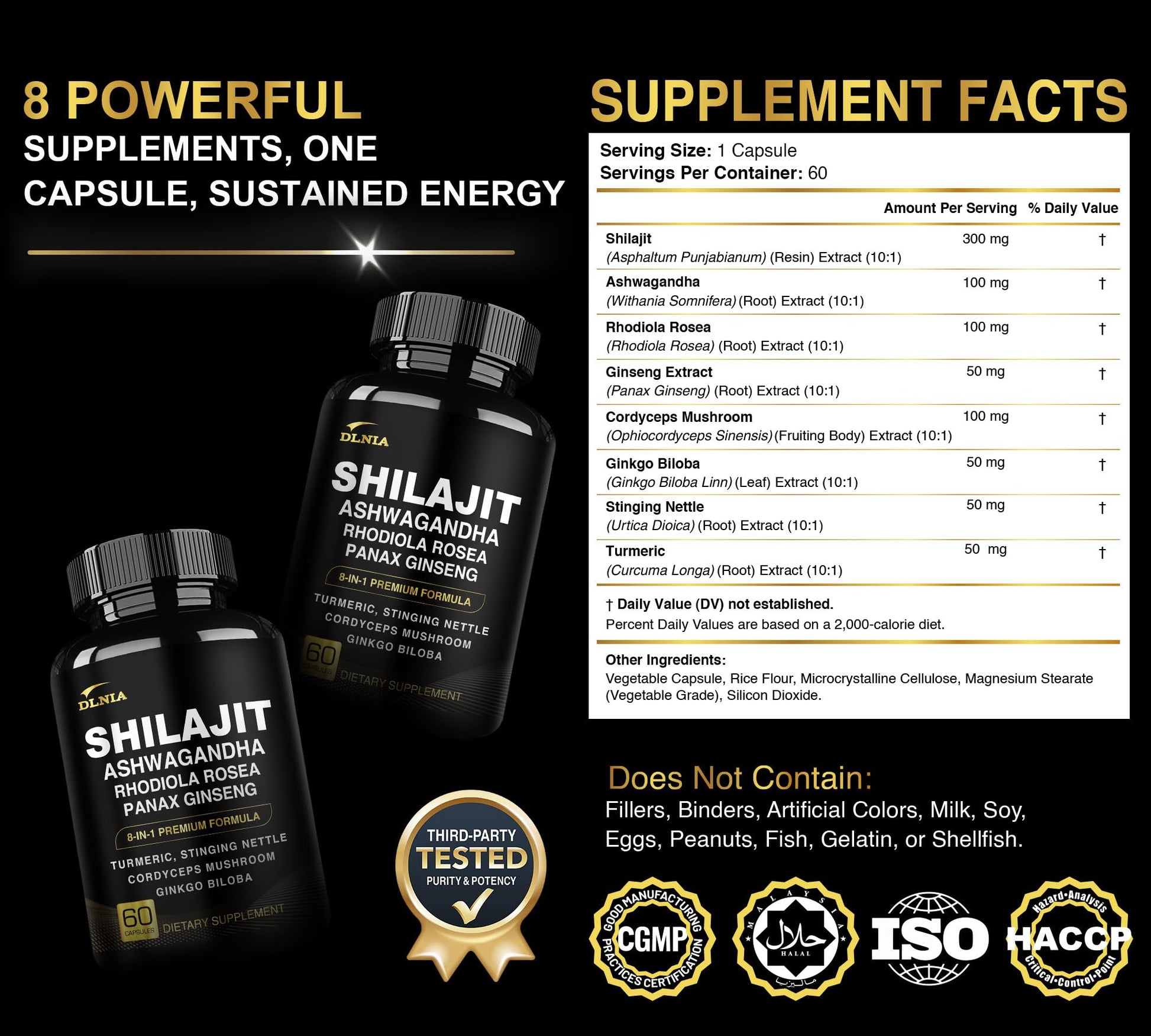 DLNIA 8-in-1 Shilajit for Men & Women with Ashwaganda Himalayan Organic Supplement with Rhodiola Rosea, Ginseng, Turmeric, Mushroom, for Immune Support, Energy, Calm, Focus, Clarity, Sleep, Cortisol DLNIA uk supplements