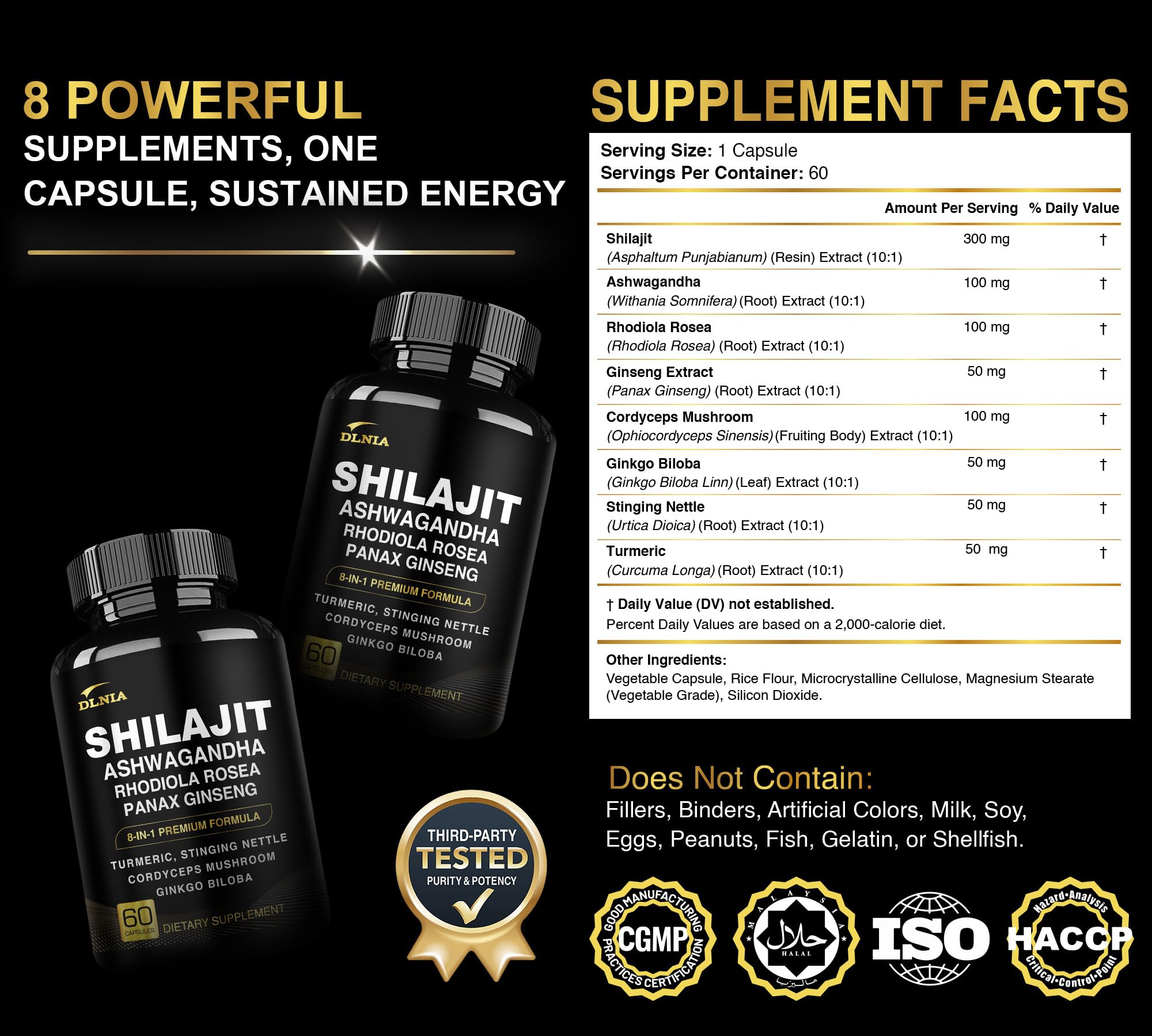DLNIA 8-in-1 Shilajit for Men & Women with Ashwaganda Himalayan Organic Supplement with Rhodiola Rosea, Ginseng, Turmeric, Mushroom, for Immune Support, Energy, Calm, Focus, Clarity, Sleep, Cortisol DLNIA uk supplements