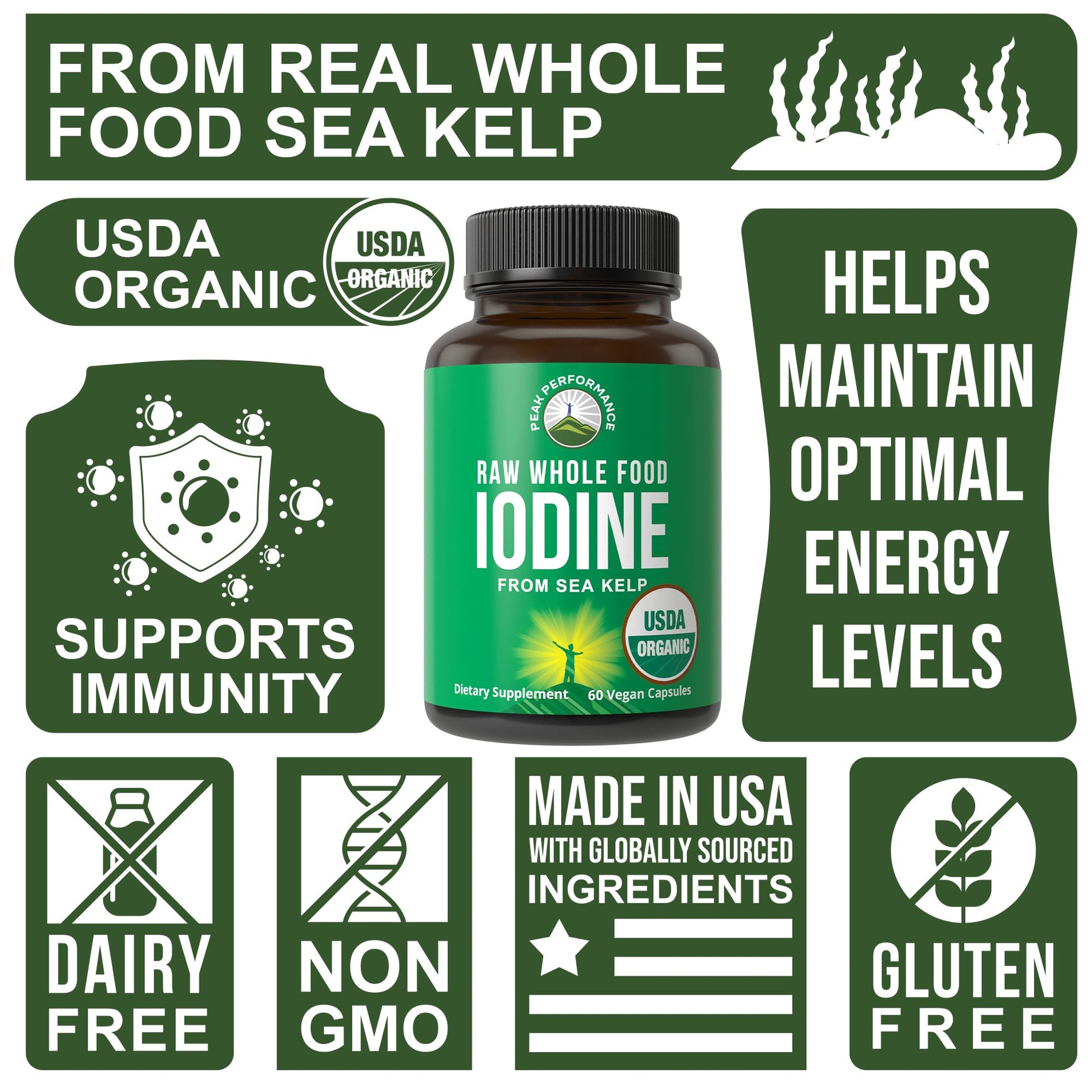 USDA Organic Raw Whole Food Iodine Supplement from Kelp (Ascophyllum Nodosum) - Potassium Iodide Tablets Alternative - for Thyroid, Energy, and Immune Support - 60 Vegan Capsules by Peak Performance Peak Performance uk supplements