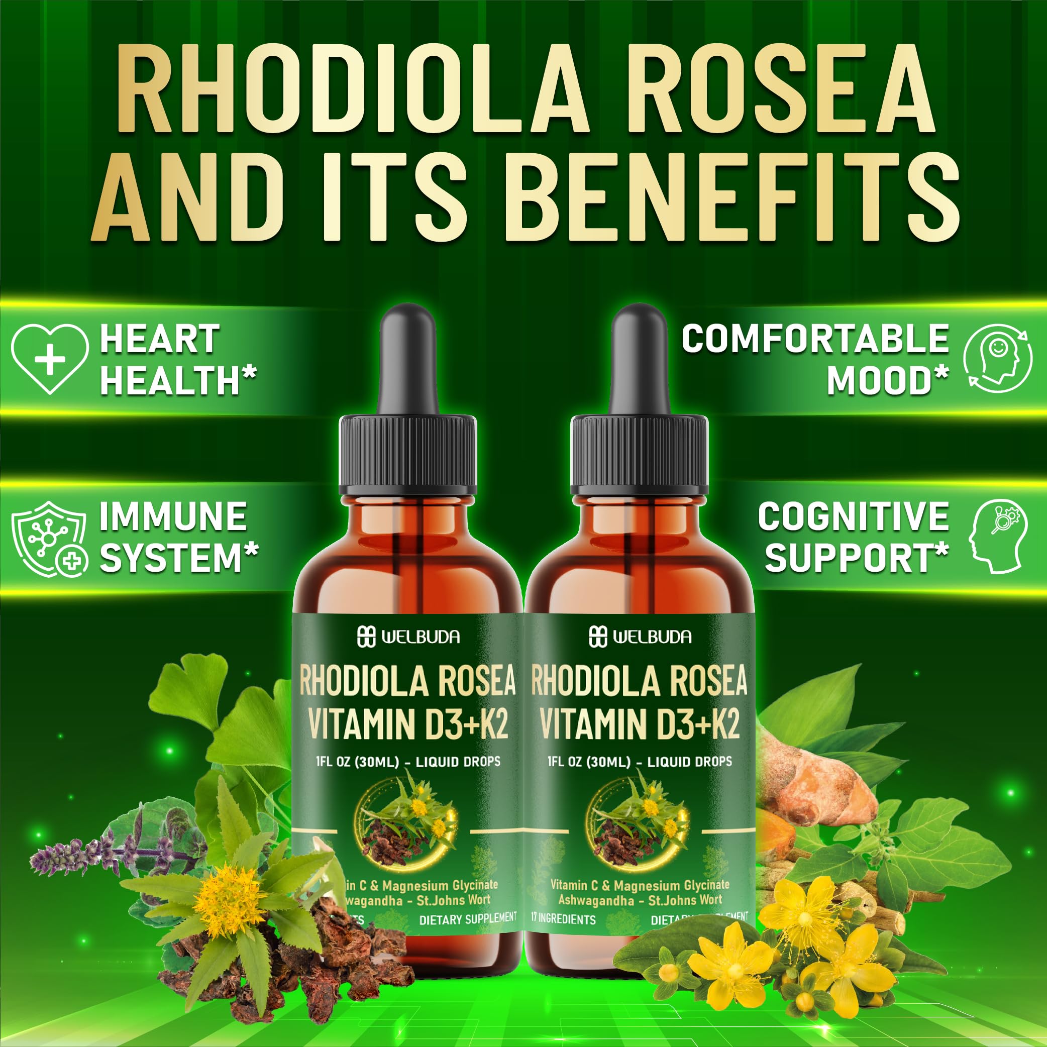 17in1 Rhodiola Rosea Liquid Supplement with Ashwagandha, Magnesium Glycine, L-Theanine, Vitamin C, Vitamin D3, Vitamin K2, Ginkgo, Turmeric, Holy Basil and More - 1 FL Oz - 60 Day Supply WELBUDA uk supplements