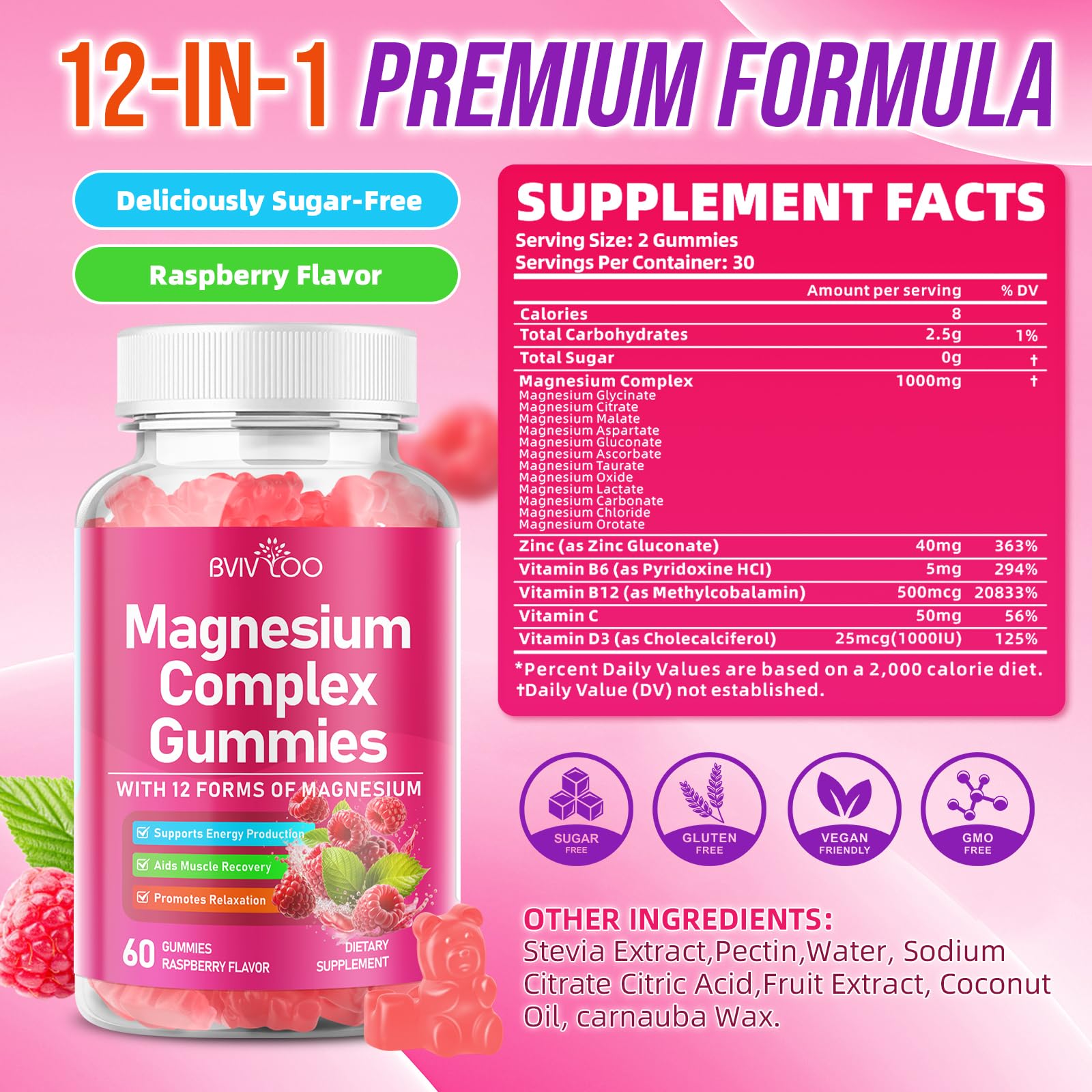 2 Pack Magnesium Complex Gummies – with 12 Forms of Magnesium Plus Vitamins B6, B12 & C. Vegan Strawberry Gummies to Support Mood, for Adults, 120 Count BVIVLOO uk supplements