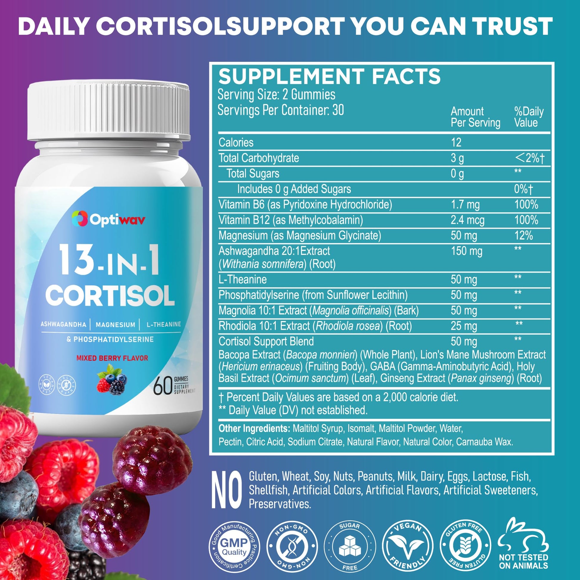 Optiwav Cortisol Reducer Gummies for Women Men - 13-in-1 Daily Cortisol Detox Manager Supports Stress Mood Balance Focus & Health Balance - Reduce High Cortisol with Ashwagandha Magnesium L-Theanine Optiwav uk supplements