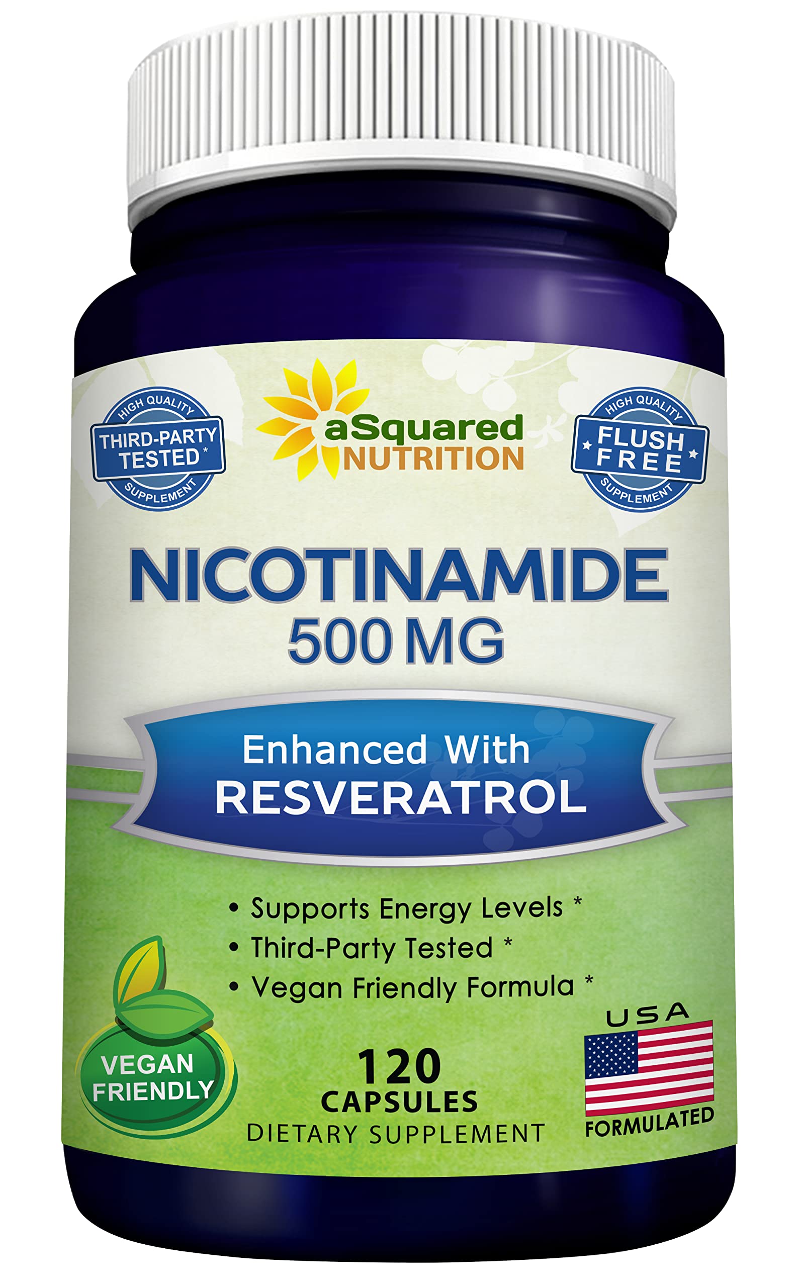 aSquared Nutrition Nicotinamide with Resveratrol - 120 Veggie Capsules - Vitamin B3 500mg (Niacinamide Flush Free) - Supplement Pills to Support NAD, Skin Cell Health & Energy aSquared Nutrition uk supplements