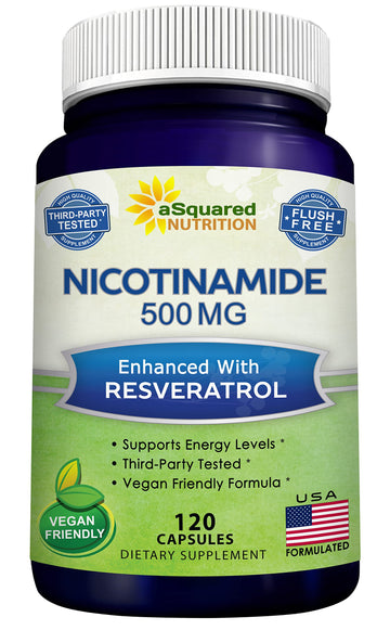 aSquared Nutrition Nicotinamide with Resveratrol - 120 Veggie Capsules - Vitamin B3 500mg (Niacinamide Flush Free) - Supplement Pills to Support NAD, Skin Cell Health & Energy aSquared Nutrition uk supplements