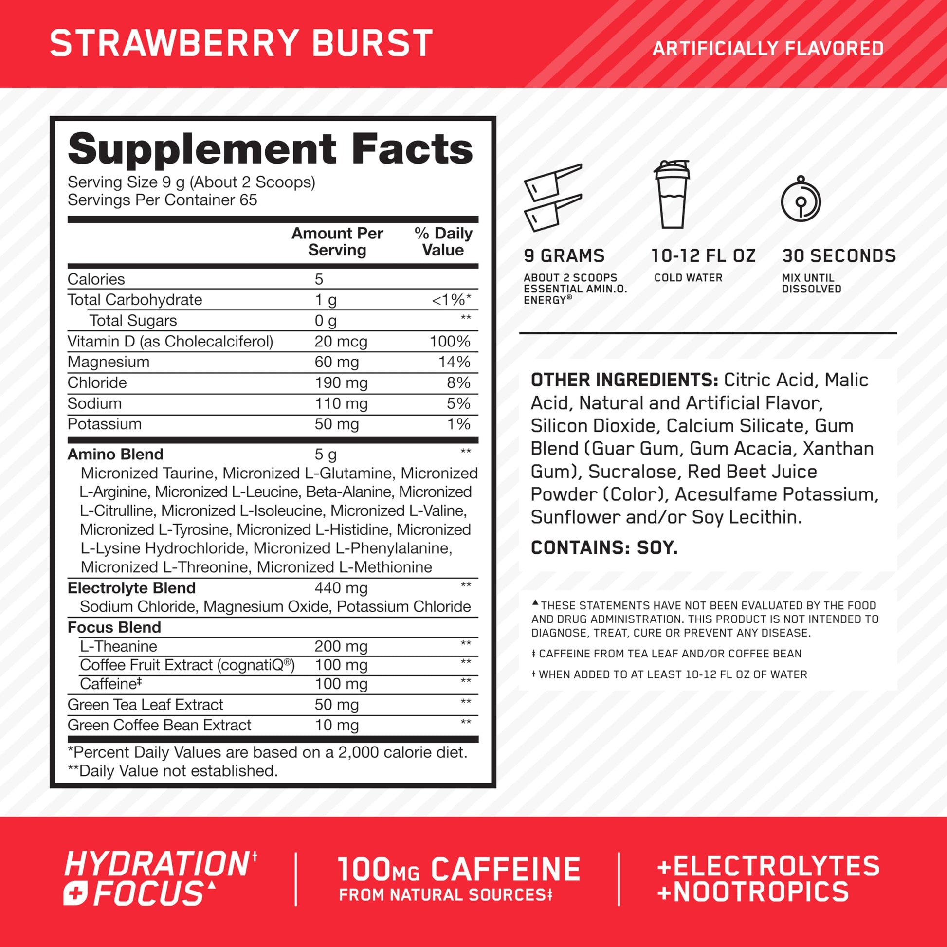 Optimum Nutrition Amino Energy Powder Plus Focus, with BCAA, Electrolytes, and Caffeine, Strawberry Burst, 65 Servings Optimum Nutrition uk supplements
