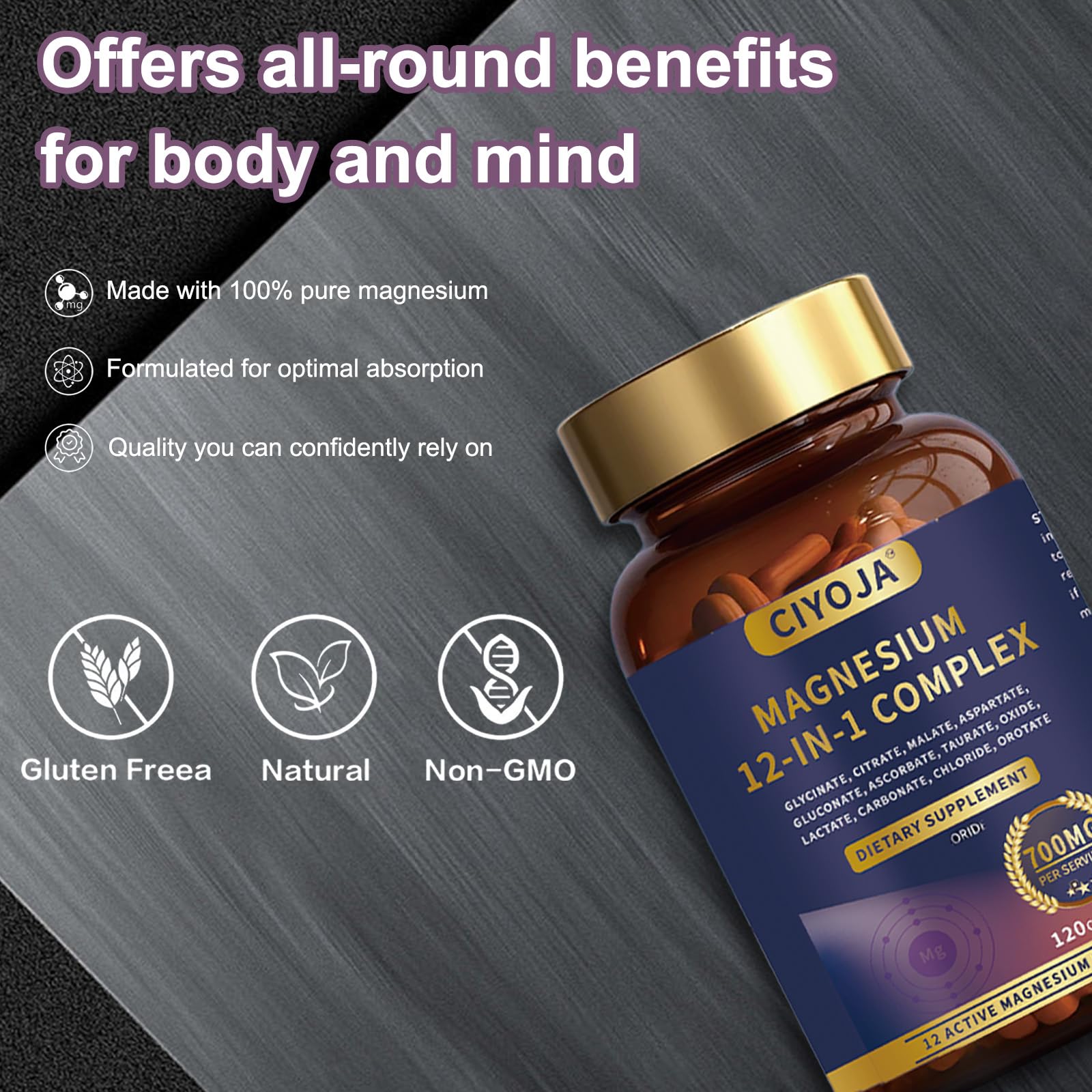 12-in-1 Magnesium Complex for Women Men: Magnesium Glycinate 700mg with Citrate, Malate Taurate Chelated Forms - High Absorption Magnesium Supplement for Relaxation Muscle Heart - 120 Vegan Capsules CIYOJA uk supplements