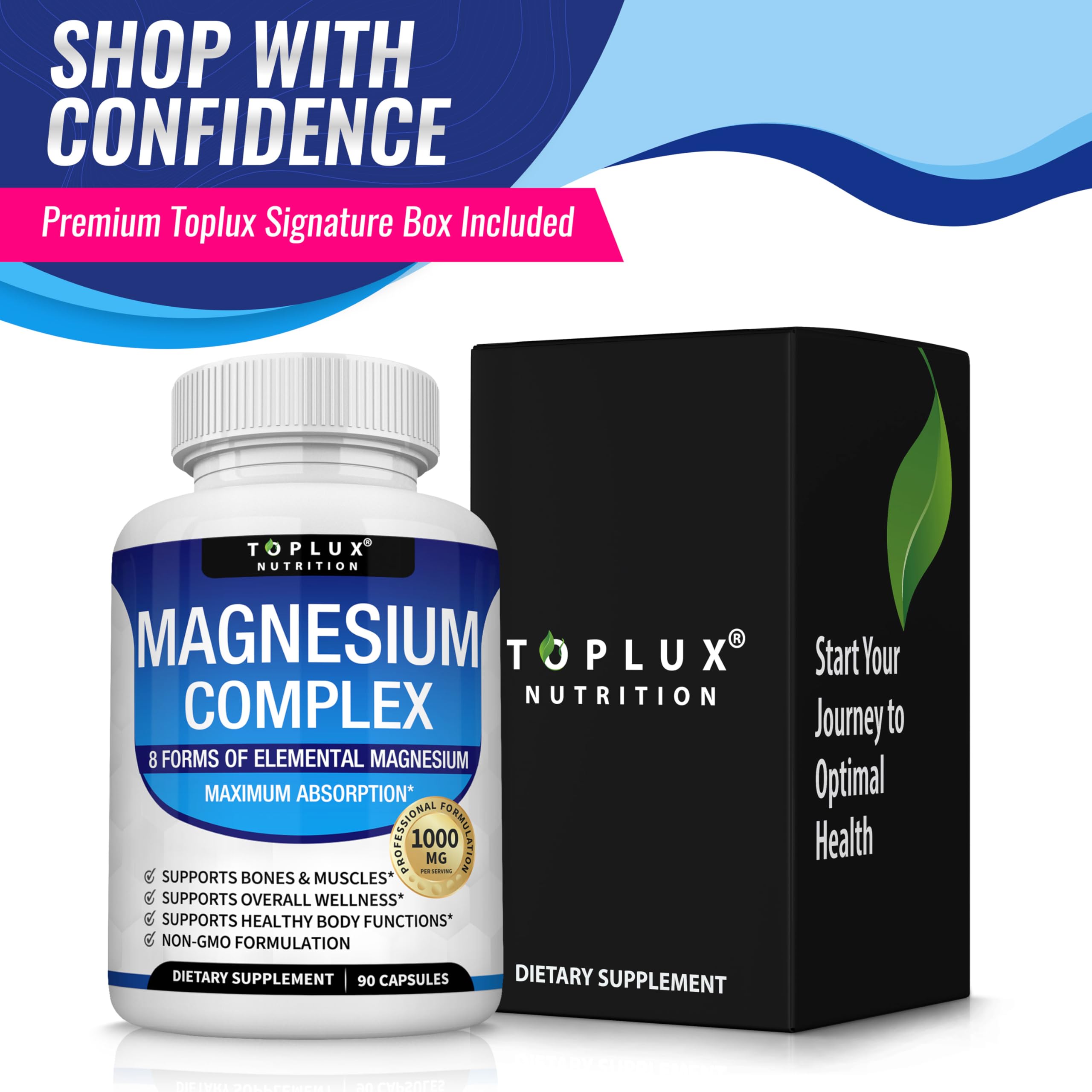 Magnesium Complex Supplement 8 Elemental 1000mg - Magnesium Glycinate, Citrate, Malate, Taurate, Chelated for Easy Absorption for Bones, Muscle, Recovery, Energy, Vegan Non-GMO 90 Capsules Toplux uk supplements
