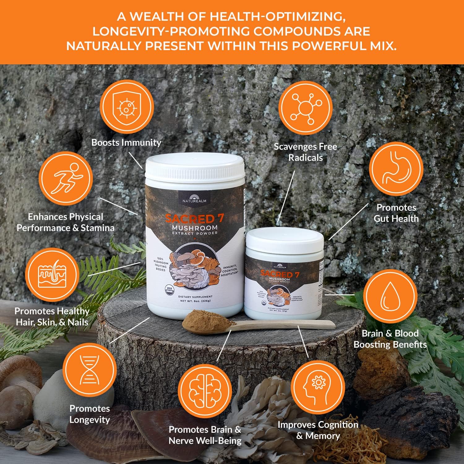 Naturealm Sacred 7 Mushroom Extract Powder - USDA Organic - Lion's Mane, Reishi Naturealm uk supplements