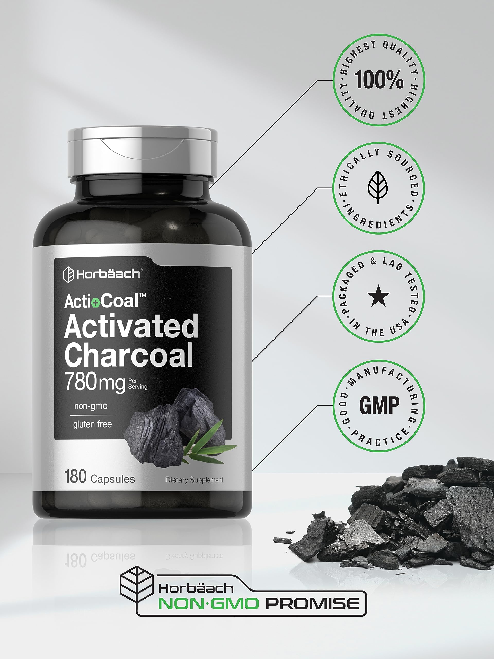 Charcoal Pills 780mg | 180 Capsules | Activated Charcoal from Coconut Shells | Non-GMO Horbäach uk supplements