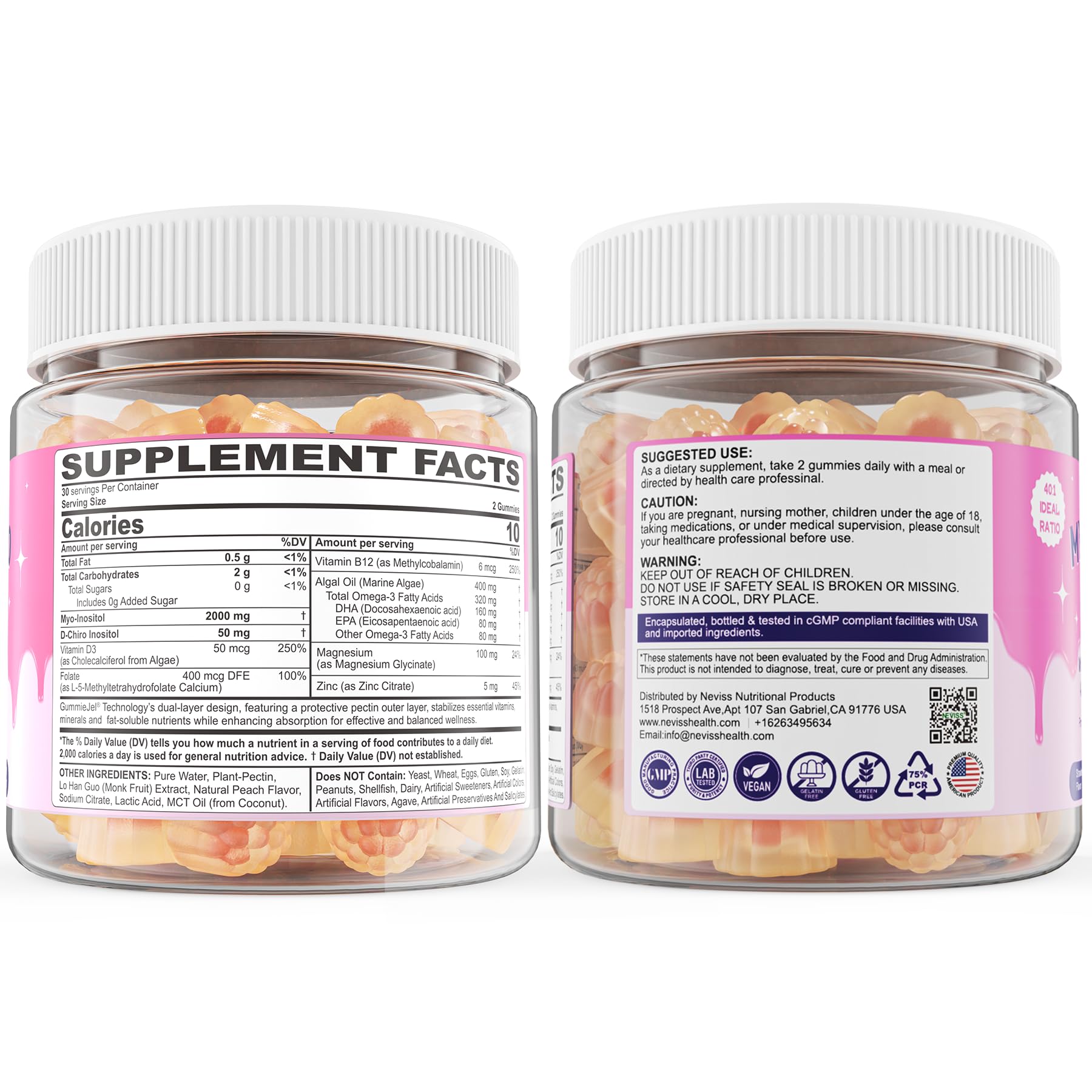 Myo-Inositol & D-Chiro Inositol, Hormone Balance for Women | Sugar Free Inositol Gummies w/Omega 3, MTHF Folate, Vitamin D3, B12, Magnesium & Zinc for Ovarian Health, Ideal 40:1 Ratio, Vegan, 60 Cts NEVISS uk supplements